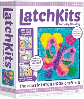 LatchKits Latch Hook Kit for Wall Hangings & Mini-Rugs - Butterfly - Craft Kit with Easy, Color-Coded Canvas, Pre-Cut Yarn & Latch Hook Tool - Perfect DIY Craft for Kids - Ages 6 and Up