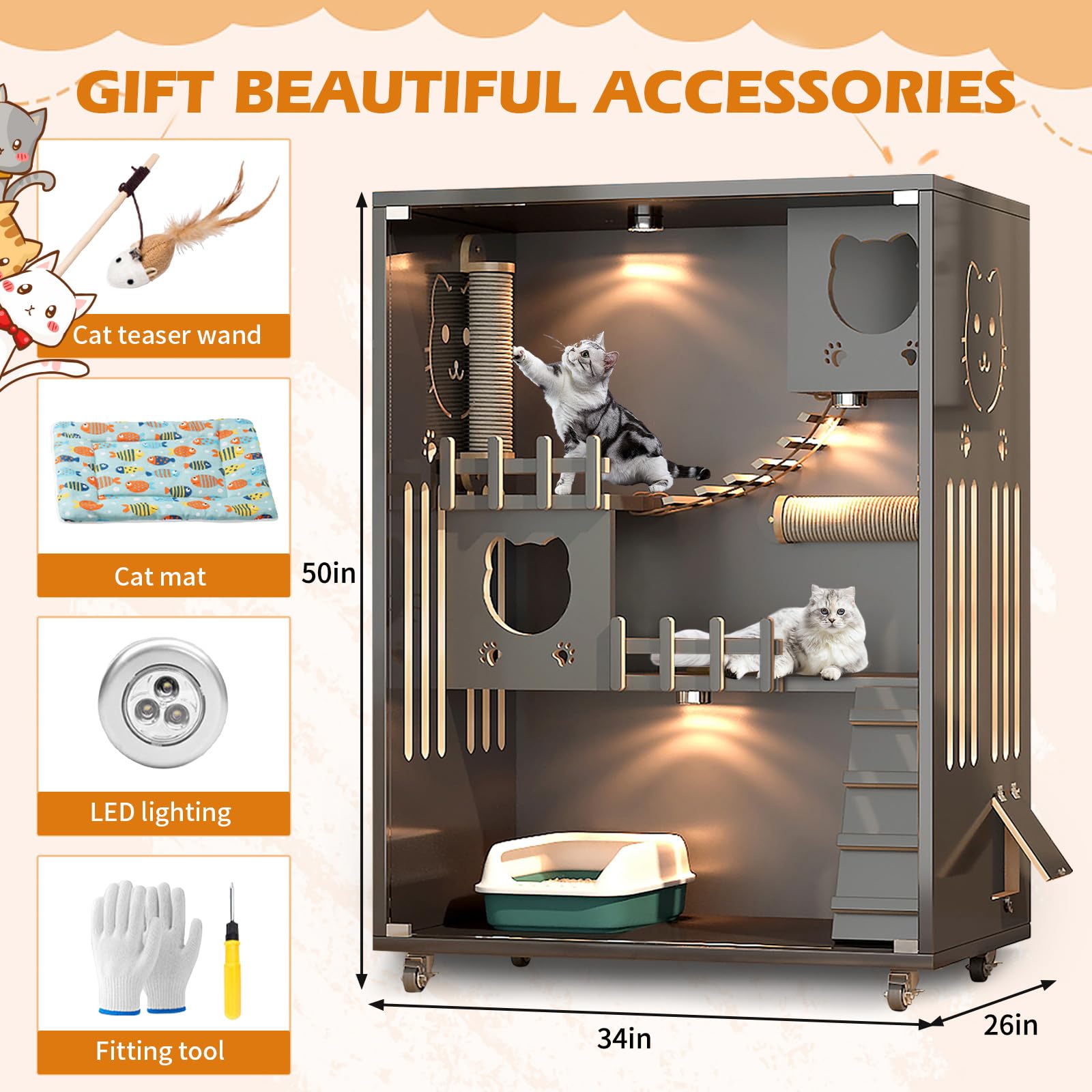 Wooden Cat House Large Space Cat Cage, Indoor/Outdoor Cat Enclosure with Wheels, Multi-Feature Enclosed Cat Condo with Drawers and Litter Box for Indoor Cats, 50