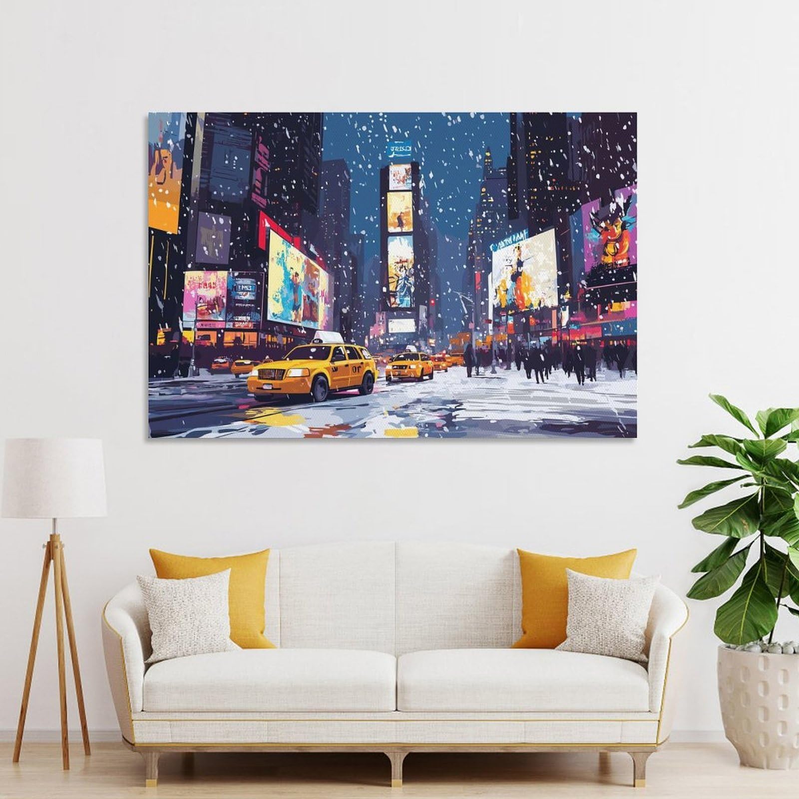 Junmoney Unframe-Style-8-1 Snowy Times Square With Yellow Cabs Canvas Wall Picture, 20X30inch(50X75cm), For Living Room, Bedroom Or Apartment Walls, Decorative Artwork For Empty Walls