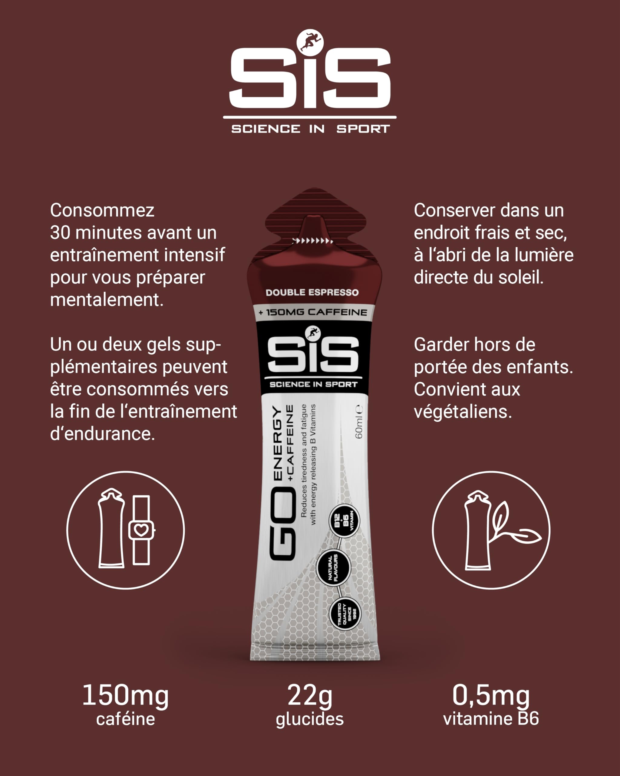 Science In Sport GO Isotonic Energy Gels, Gels de Course avec 22 g de Glucides, Faible en Sucre, Saveur Double Espresso, 60ml (30 Packs)