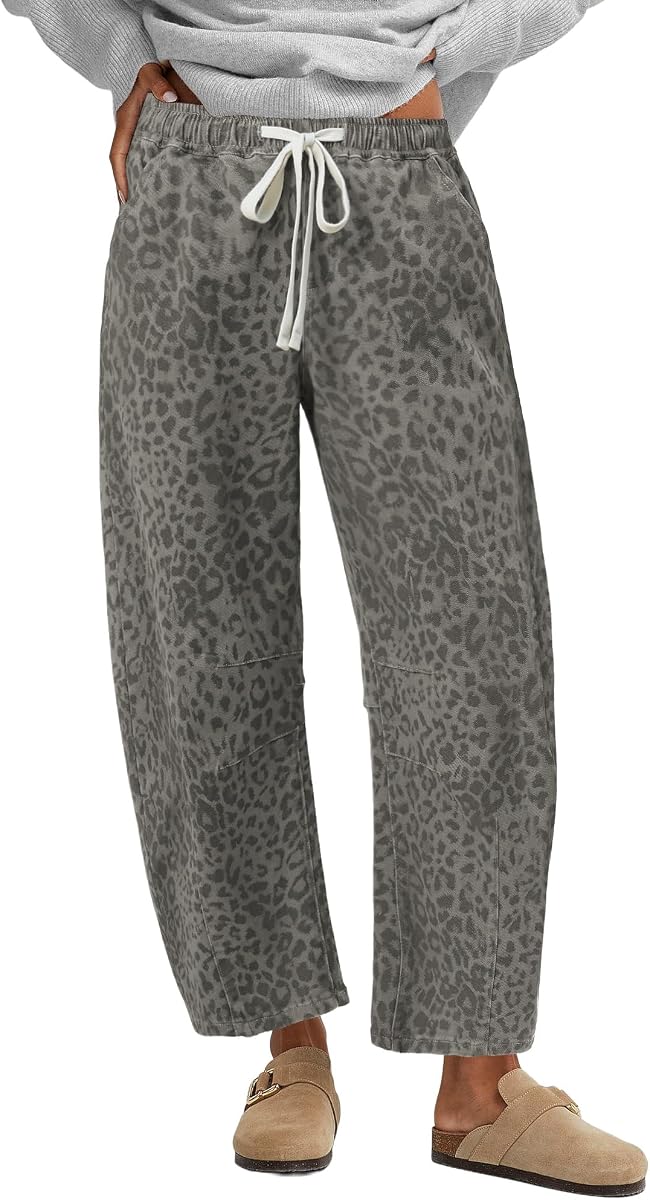 GRAPENT Vaqueros de barril para mujer, pantalones vaqueros elásticos con estampado de guepardo y leopardo, de talle alto y pierna ancha