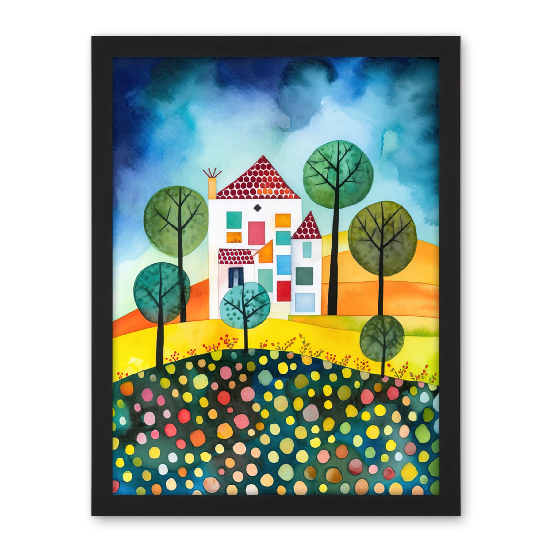 Artery8 Abstract House And Garden Folk Art Artwork Framed Wall Art Print 18X24 Inch