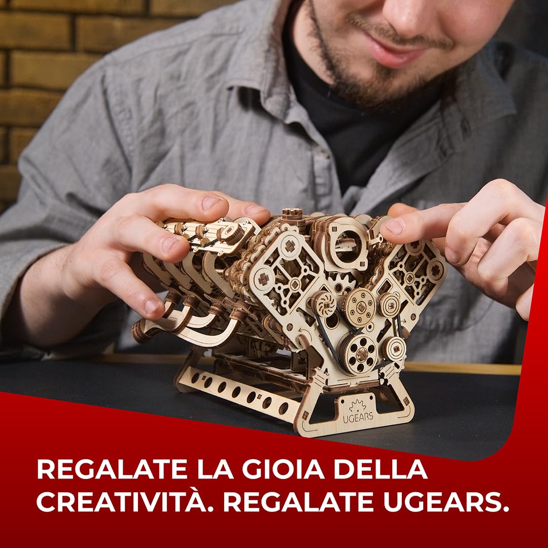 UGEARS V8 Engine Model Kit - Puzzle 3D Avanzato in Legno per Adulti - Kit Fai Da Te per Adulti Regalo per Ingegneri - Kit Modello Motore 3D per la Festa del Papà, Compleanni, Natale - 776 Pezzi