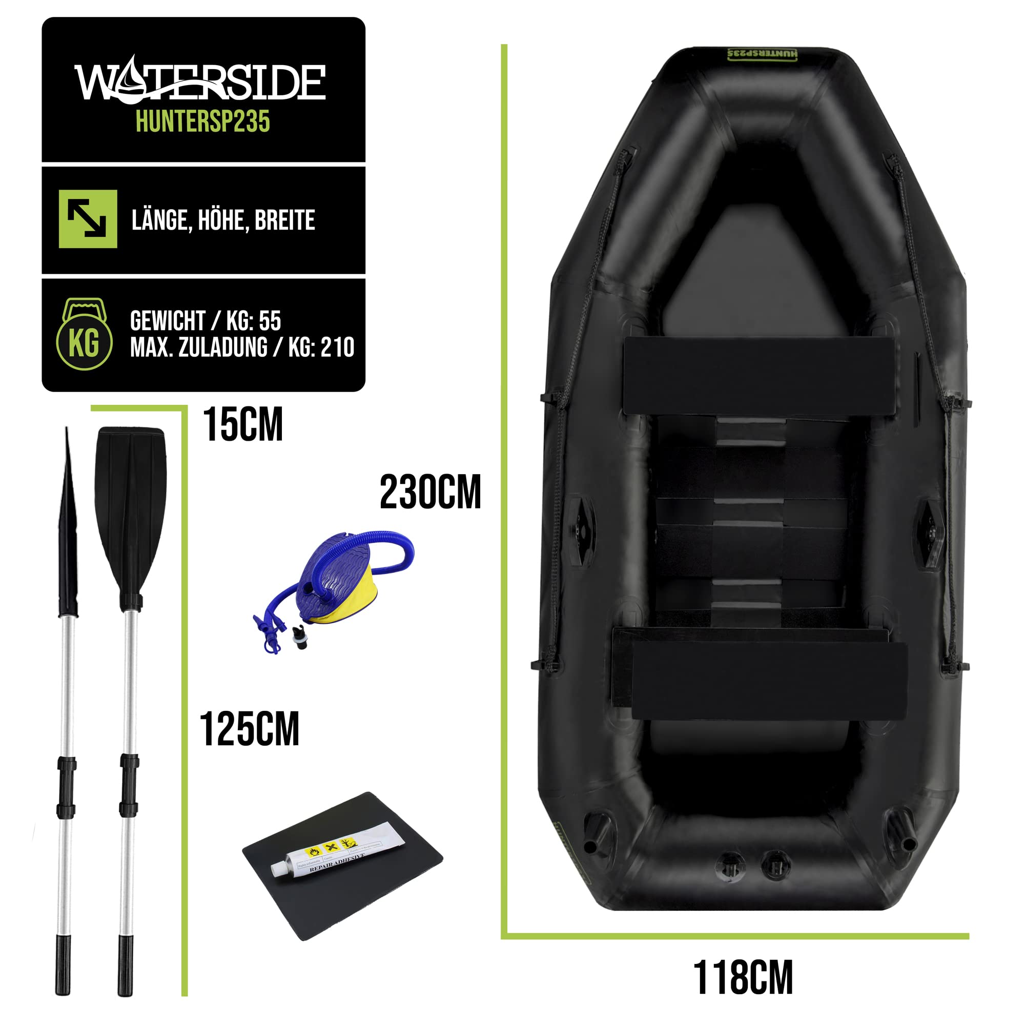 Waterside Hunter SP 235 Schlauchboot 230cm bis 210kg inkl. Paddel & Pumpe | 0,7mm PVC, Tragkraft 210kg, Eigengewicht 15kg – inkl. Paddel & Pumpe