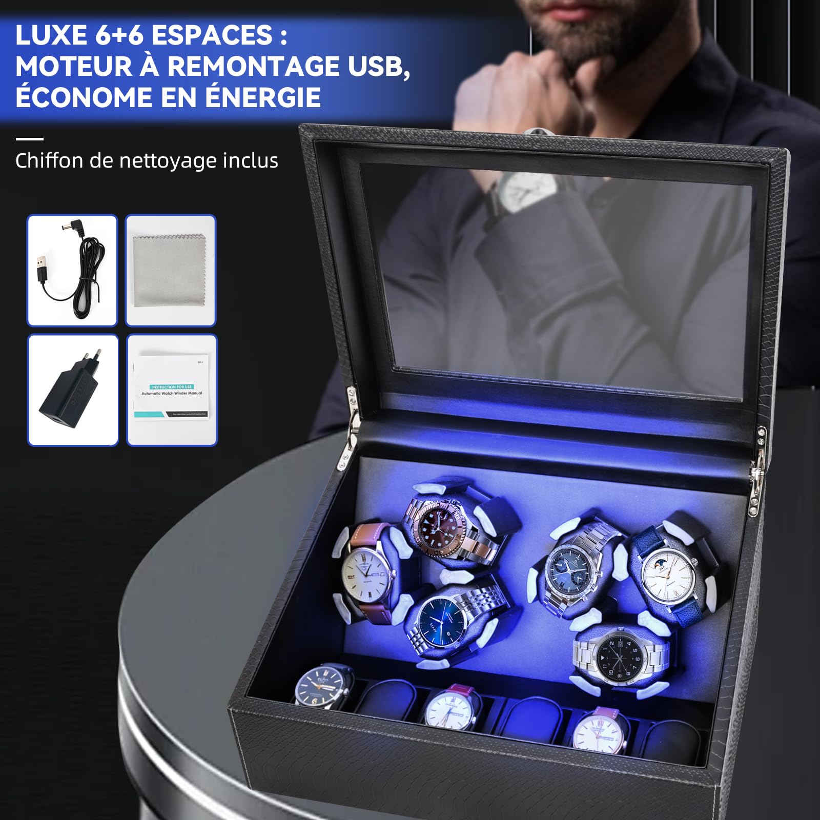 Hightall Remontoir Automatique pour 6 ou 12 Montres avec Moteur Ultra-Silencieux (<5dB)