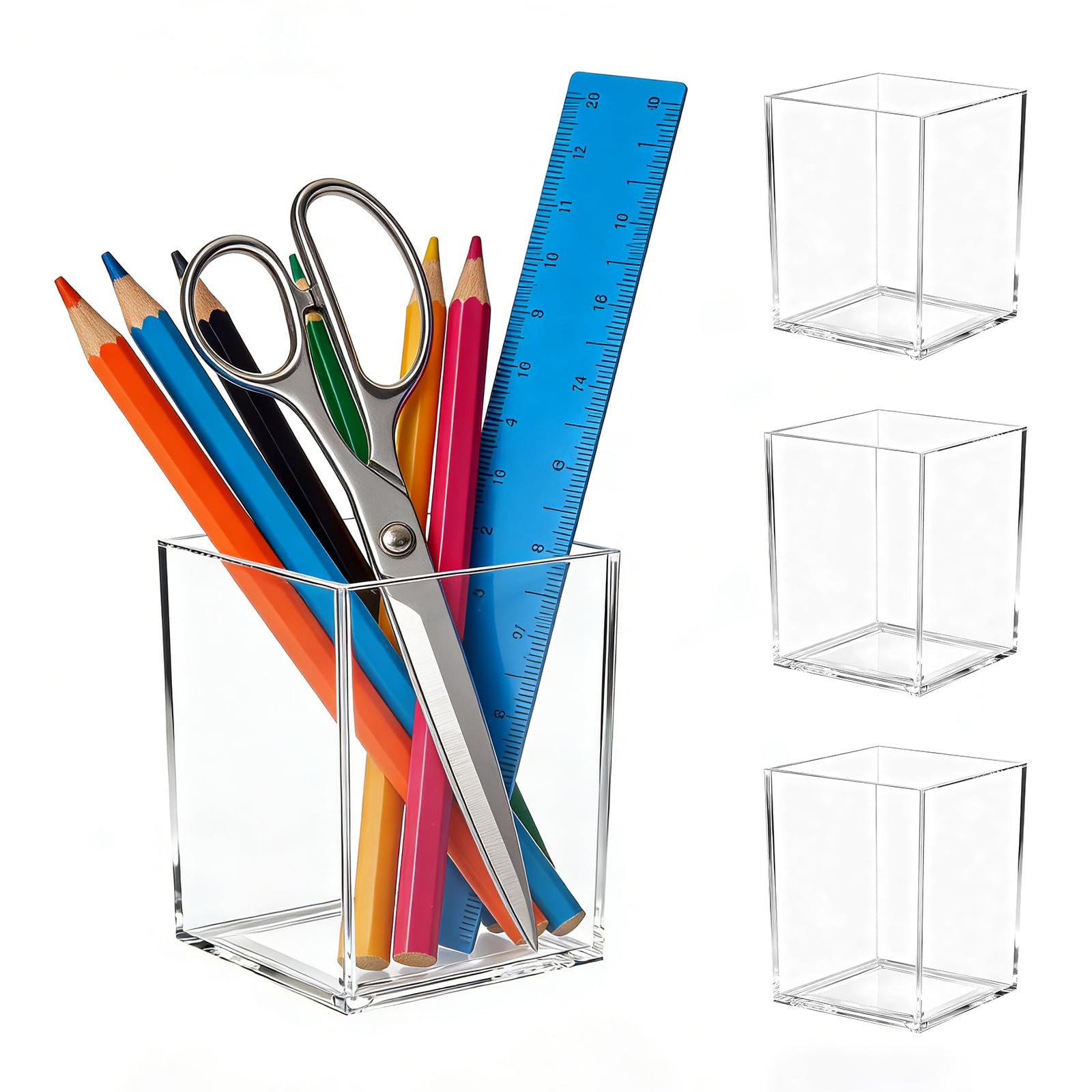 Senndio 4 Pcs Acrylic Pen Pot, 10x6.5x6.5cm Square Clear Pencil Holder, Transparent Pen Cup & Makeup Brush Holder, Durable Desk Pen Holders for School, Home, Office Stationery & Cosmetic Accessories