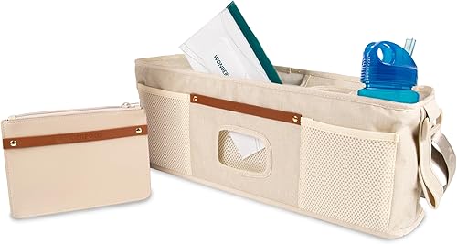 WONDERFOLD Organizador de cochecito de consola para padres con portavasos aislados, cierre de gancho y lazo, 2 bolsillos de almacenamiento y correa