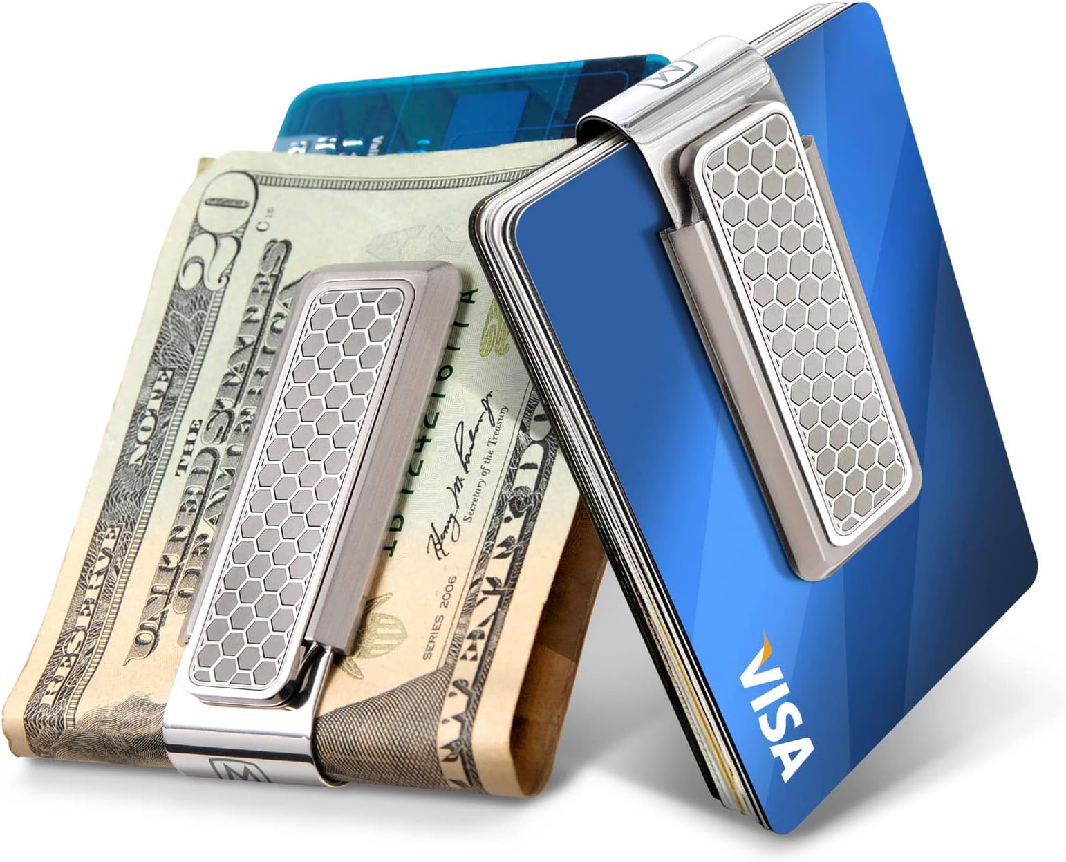 Stainless Steel Money Clip (Honeycomb) - Cash and Credit Card Holder for Men - Minimalist Slim Wallet Alternative