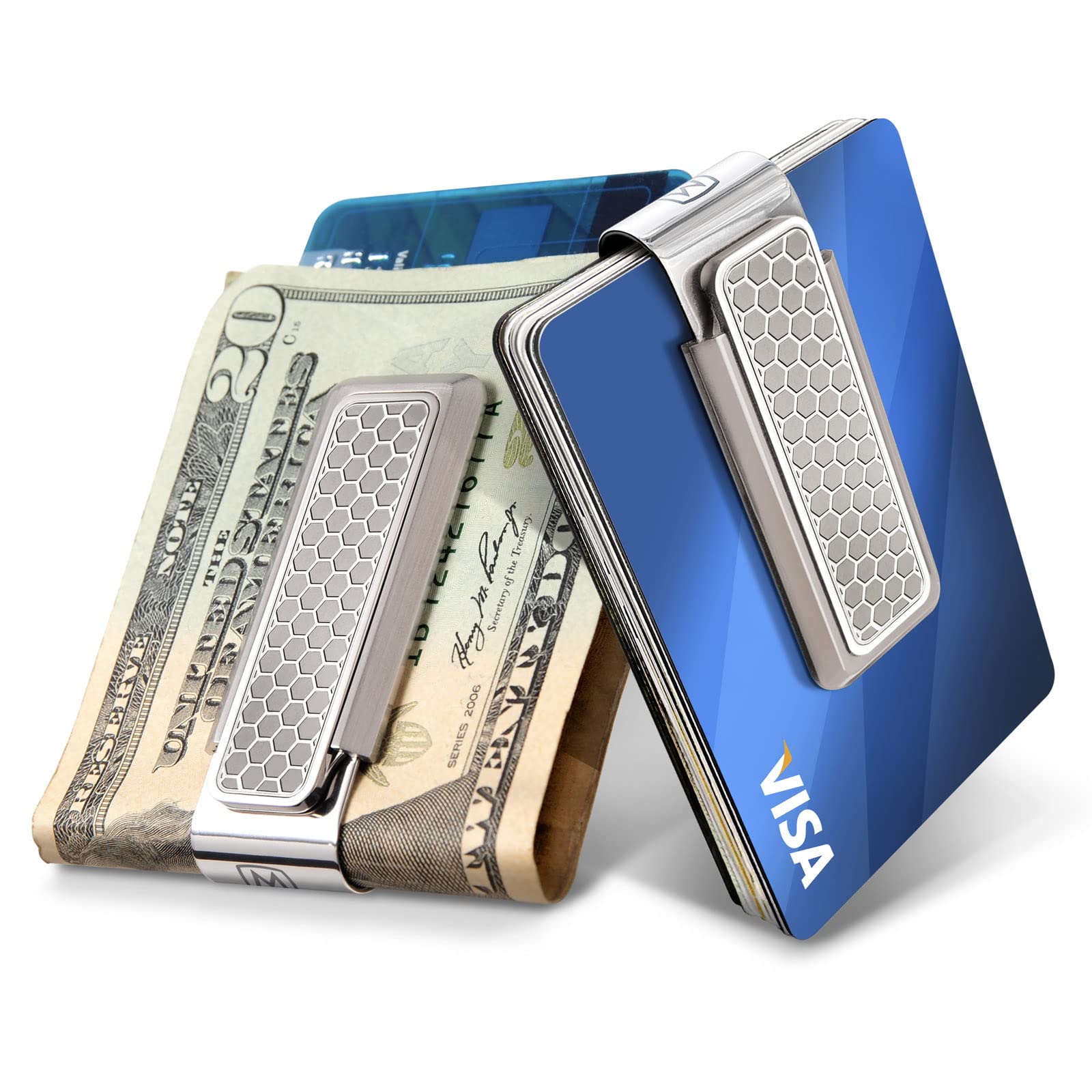 Stainless Steel Money Clip (Honeycomb) - Cash and Credit Card Holder for Men - Minimalist Slim Wallet Alternative