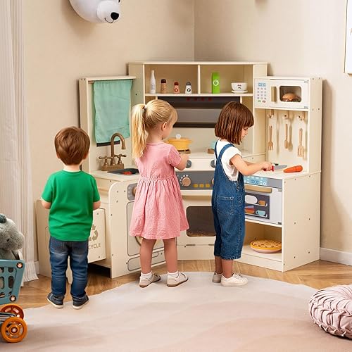 Miniatura 8 de INFANS Juego de cocina esquinera para niños, juego de cocina de madera con campana extractora, contenedor de basura, gabinete de almacenamiento de