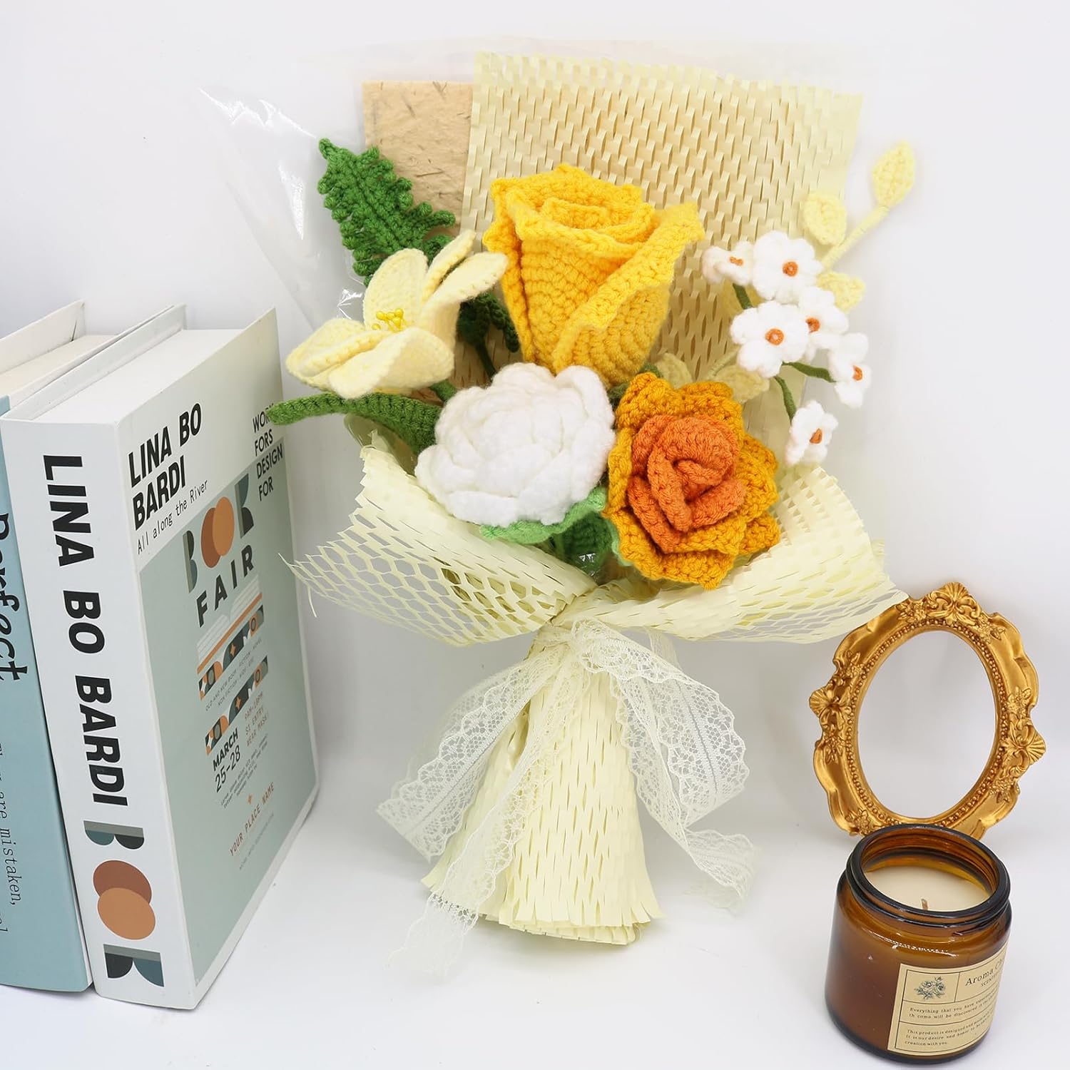 Marvogo Crochet Flowers Crochet Bouquet Handmade Crochet Rose Bell Orchid Suitable Tulip Fern Leaf as a Gift for Lover, Family,Friends. Artificial Flower Finished Bouquet (Yellow)