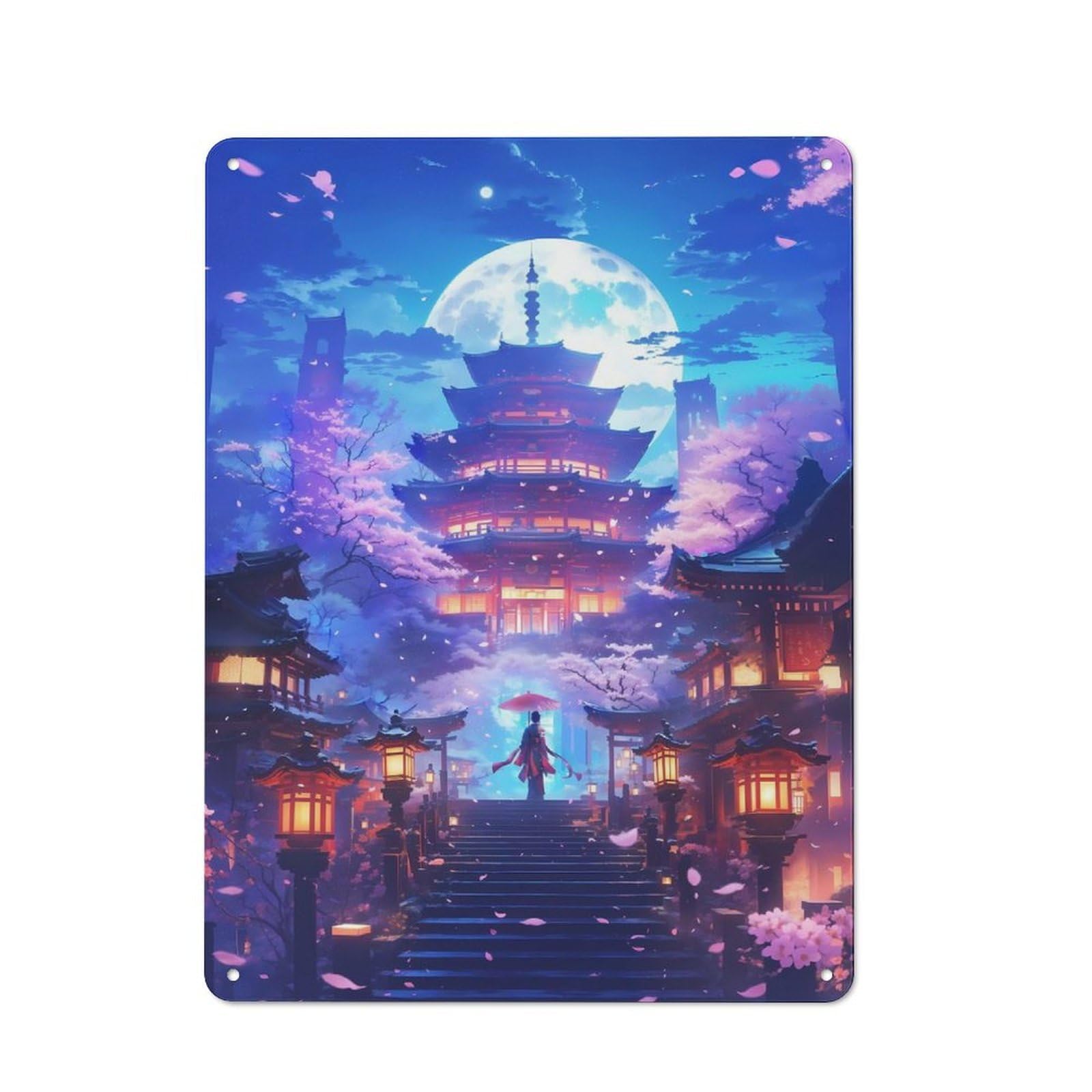 Celestial Sakura Temple Printed Tin Plaque, Small Wall Accent for Coffee Corner, Diner Or Kitchen Decor, 40x30cm
