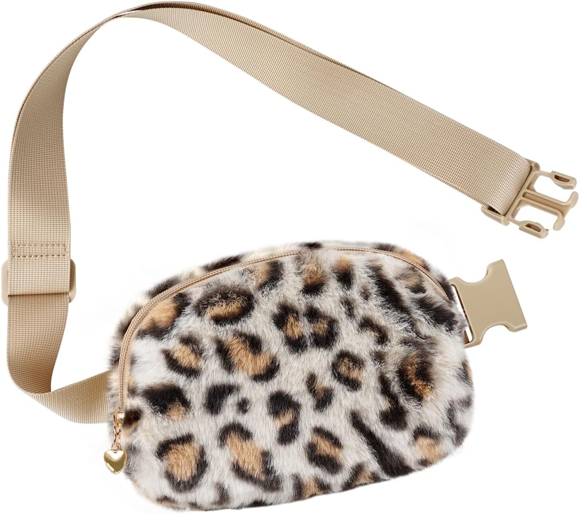 Fuzzy Belt Bag Waist Fanny Pack for Girls Cute Lovely Leopard Waist Packs Crossbody Bags for Women Trendy Teen Girl Kids Daughter Sister Her Preppy Girly Stuff Fuzzy Plush Waist Pack Bag, Cream - Image 6