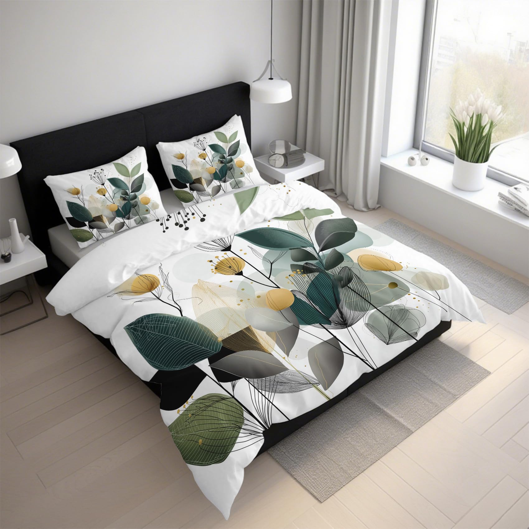 Parure de Lit 220x240 Motif Feuille | Housse de Couette Réversible avec 2 Taies Oreiller L-31