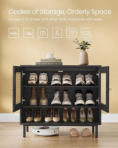 Miniatura 4 de VASAGLE Gabinete de zapatos de ratán natural de 3 niveles, gabinete de almacenamiento de zapatos de 16 pares, organizador de zapatos de estilo