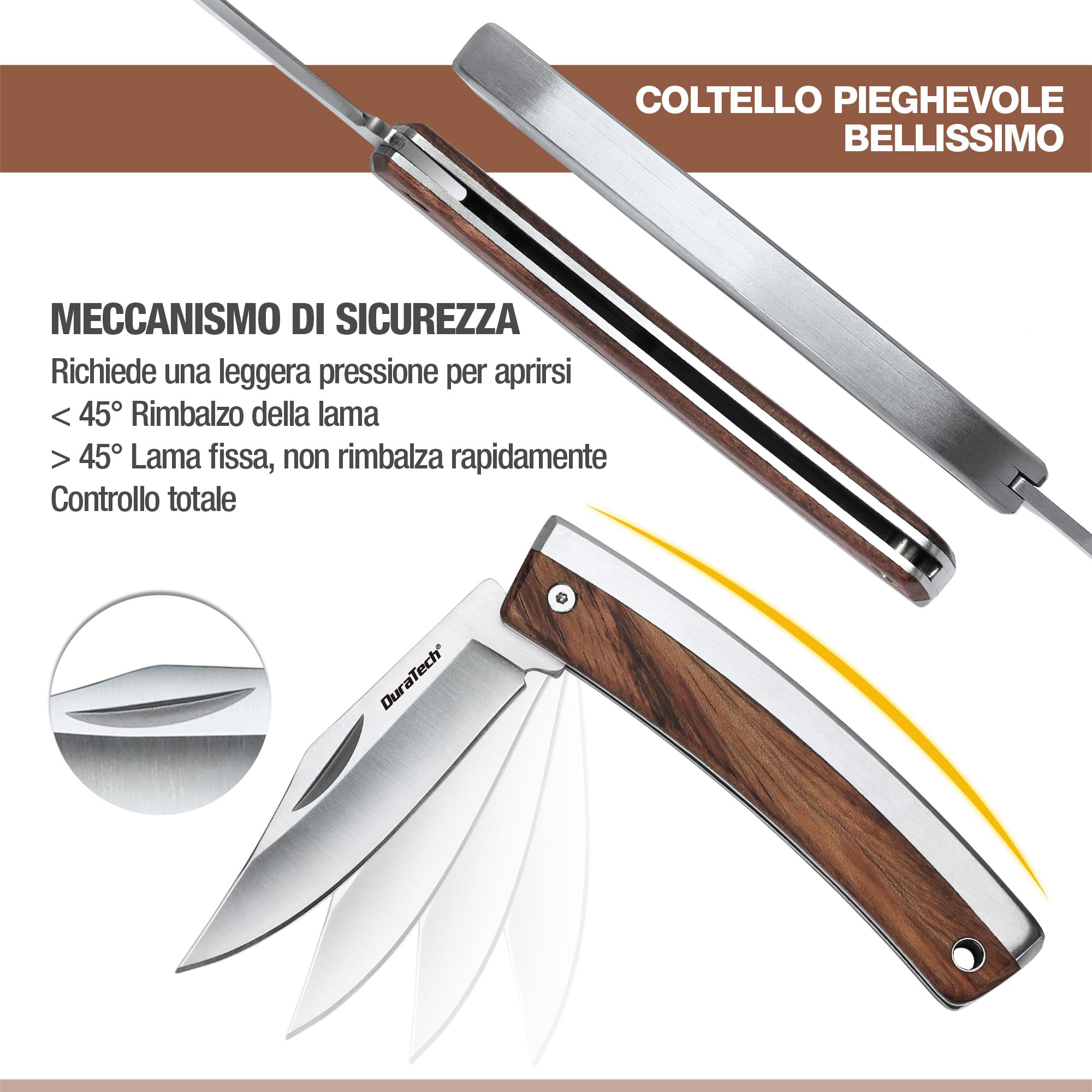 DURATECH Coltellino Tascabile con Manico in Legno, Leggero e Compatto, Ideale per la Pesca, l'Escursionismo, il Campeggio o il Coltello da Frutta per Uso Domestico