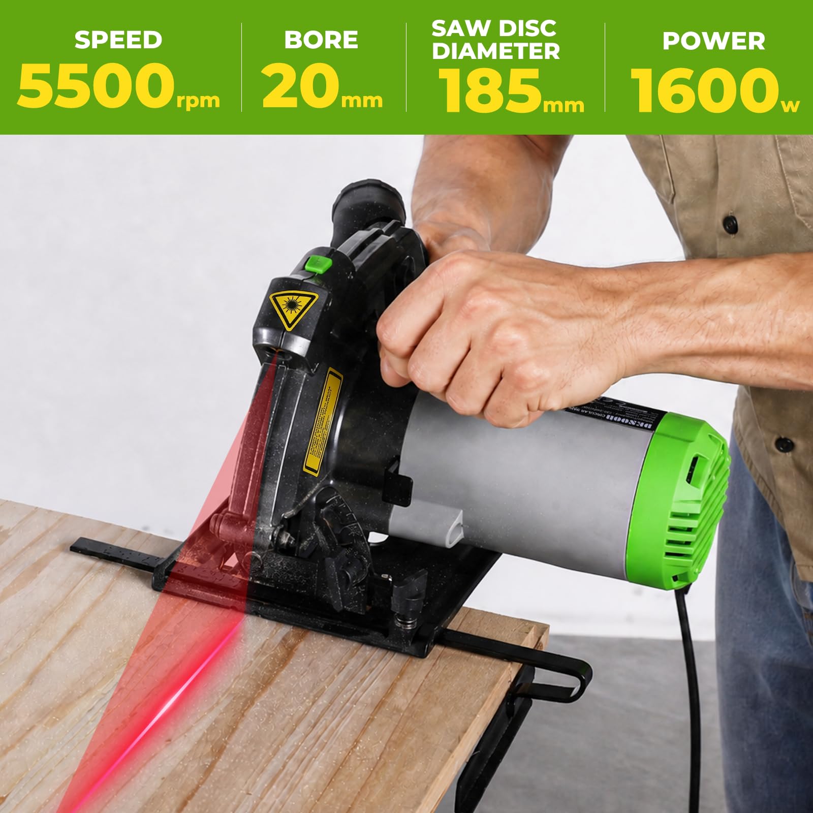 DESOON Sega Circolare da 1600 W con Guida Laser, Include Guida Parallela e 2 Lame da Seghetto (185 mm, 24T e 40T), 5500 Giri/min, Profondità di Taglio 65 mm (90°) e 43 mm (45°), per Taglio Legno