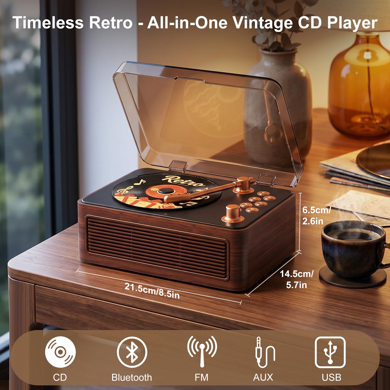 Gueray Tragbarer CD Player Bluetooth CD-Player mit Lautsprecher & Radio & Fernbedienung Unterstützt USB/AUX Wiedergabe Kopfhöreranschluss Walnussholz