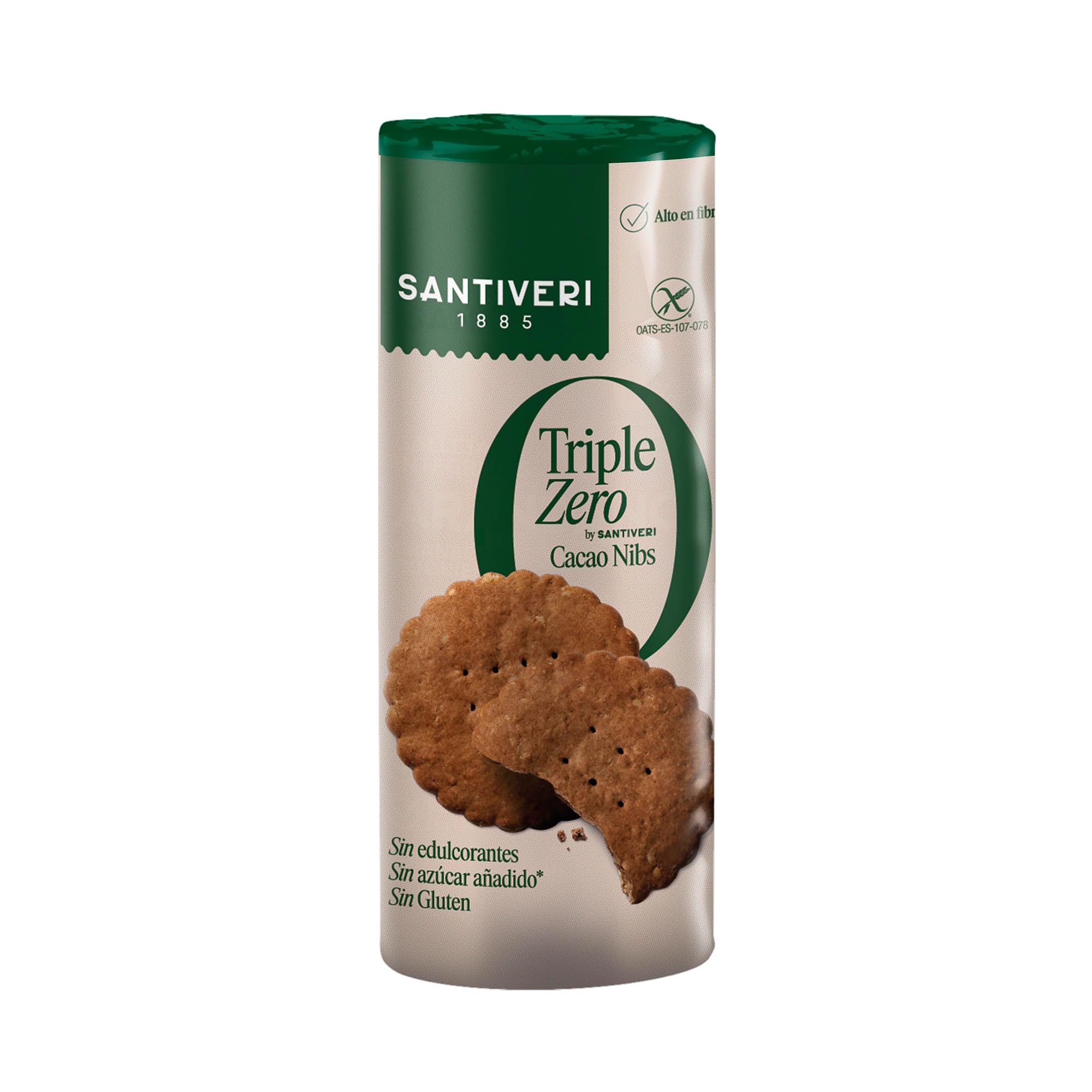SANTIVERI Galletas Nibs Cacao Triple Zero, Galletas Crujientes con Avena Integral y Cacao, Altas en Fibra, Sin Azúcar Añadido, Vegano - 210 g