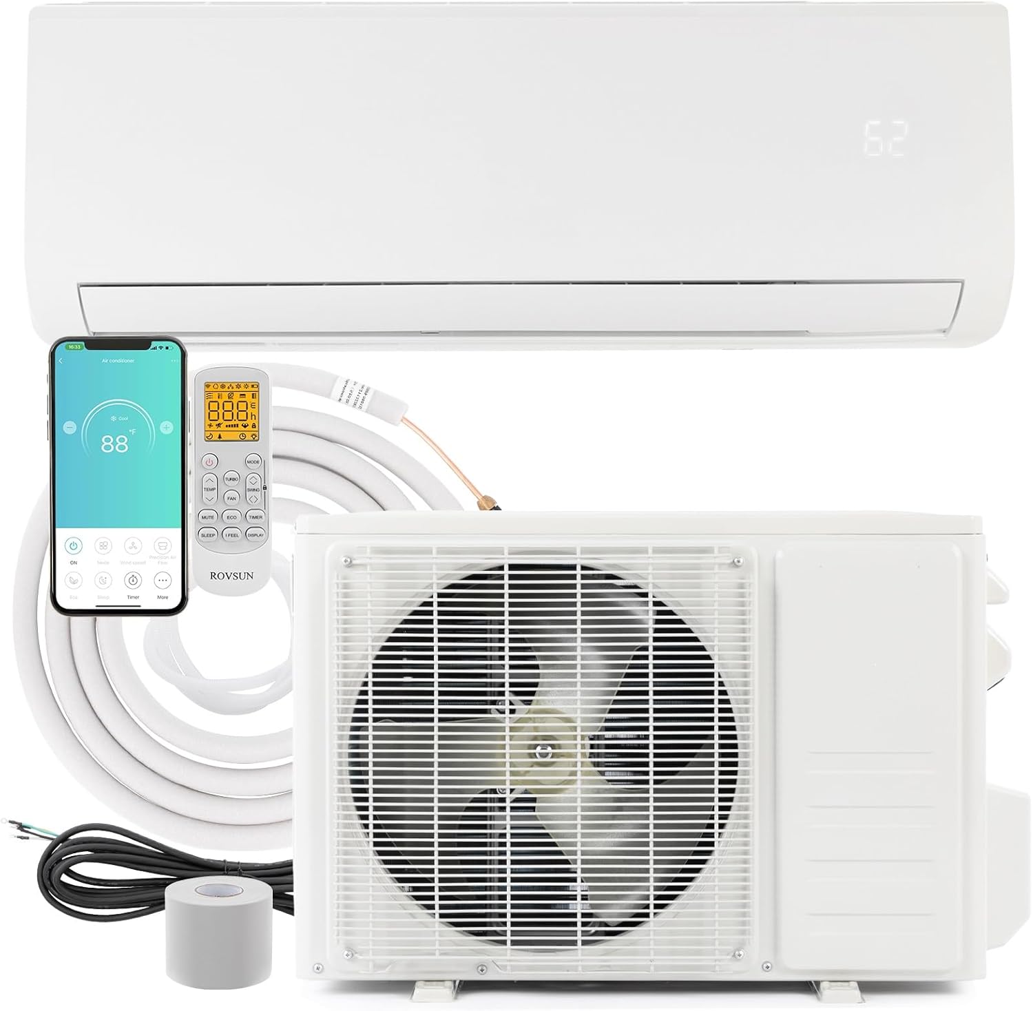 Bonnlo 18,000 BTU Ductless Mini Split AC/Heating System, 230 V / 19 SEER Split-System Wall Air Conditioner Pre-Charged Inverter Heat Pump with 16ft Installation Kit