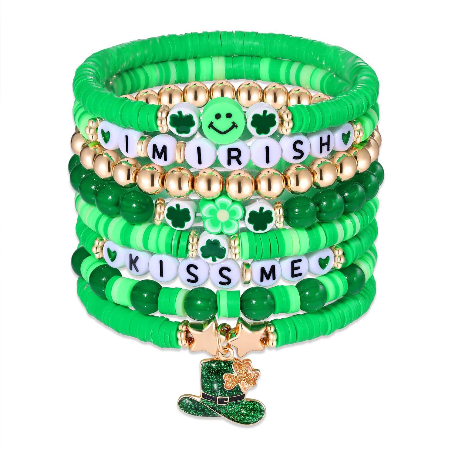 St. Patrick's Day Bracelet, Shamrock Charm Bracelets, Four Leaf Clover Green Bracelet, Holiday Beaded Bracelets Set for Women Girls Valentine Day Mardi Gras Bracelets Jewelry Set for Party Carnival Parade