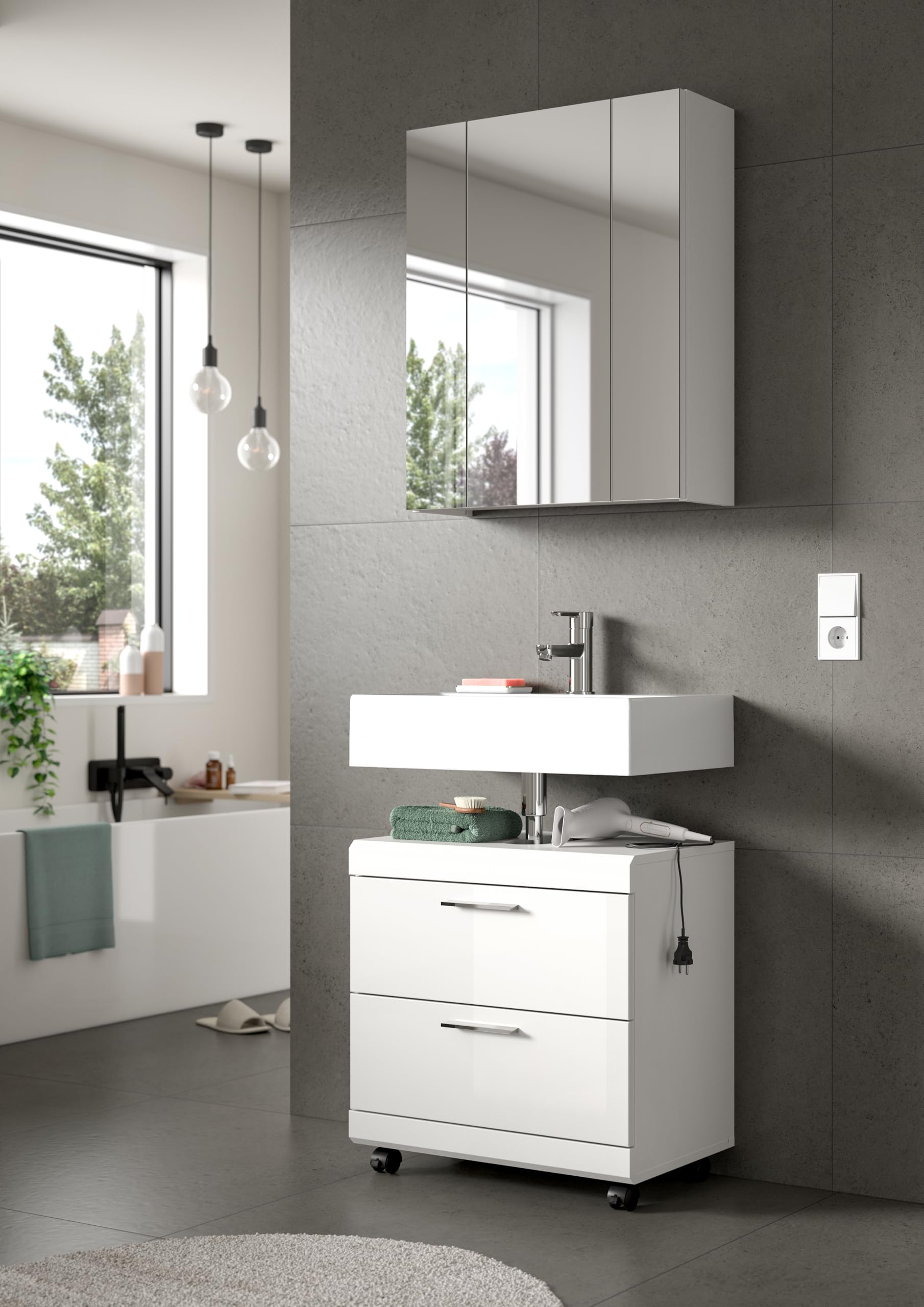 xonox.home – Waschbeckenunterschrank Scout 60x60x34 cm in Weiß Hochglanz – Mobiler Badschrank auf Rollen mit Feststeller – Moderner Unterschrank für eine Elegante & Flexible Badaufbewahrung