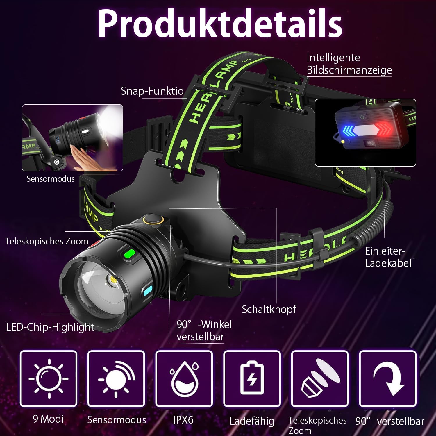 Linterna frontal LED recargable Super Bright 25.0000 lúmenes, con 11 modos, IP67 resistente al agua, 90° ajustable con sensor de cabeza para camping, exterior de emergencia