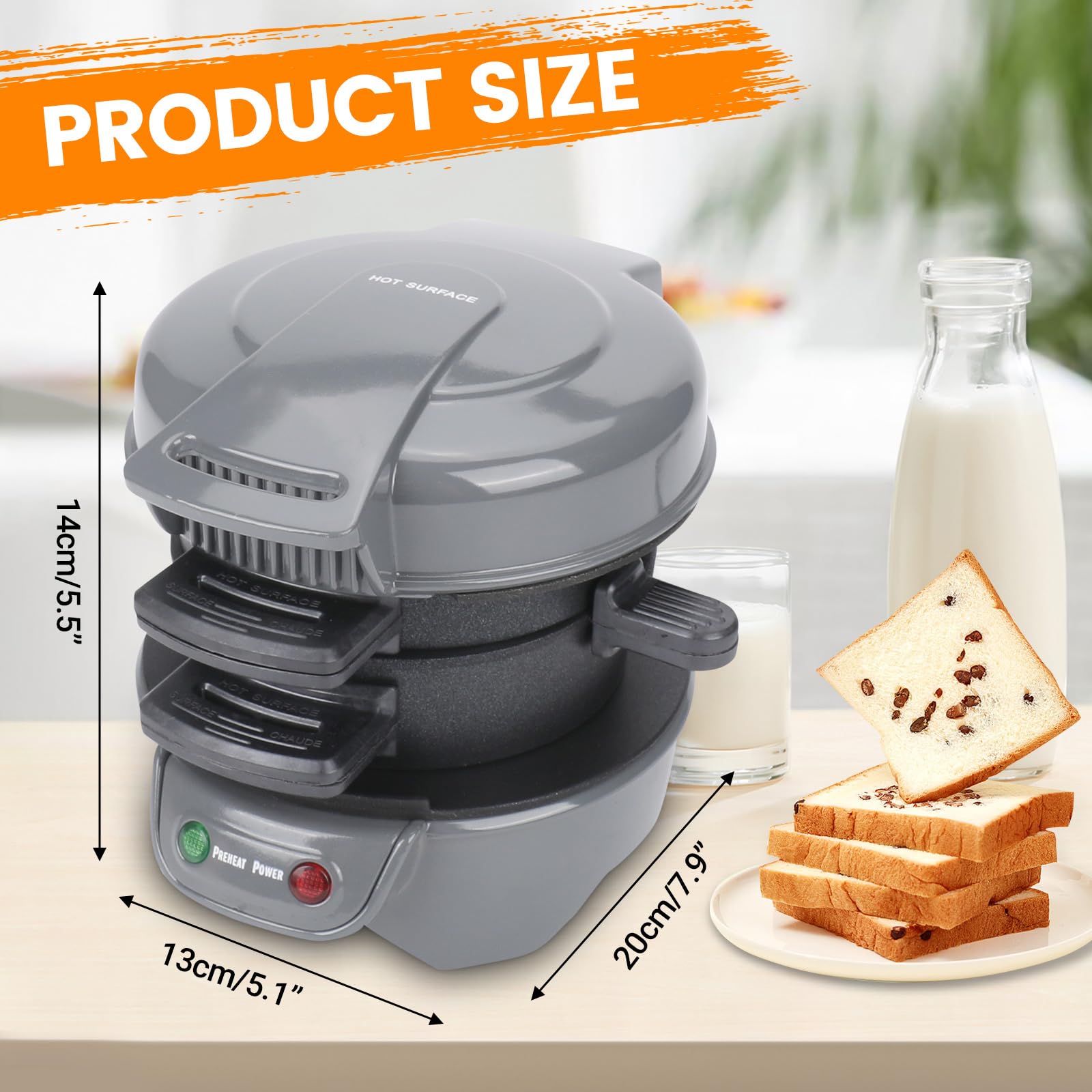 Sandwich - Tostapane per hamburger maker, efficienti piastre riscaldanti antiaderenti, lavabili in lavastoviglie, 600 W, per pane, per colazione, casa, cucina, pancake, colore: grigio argento