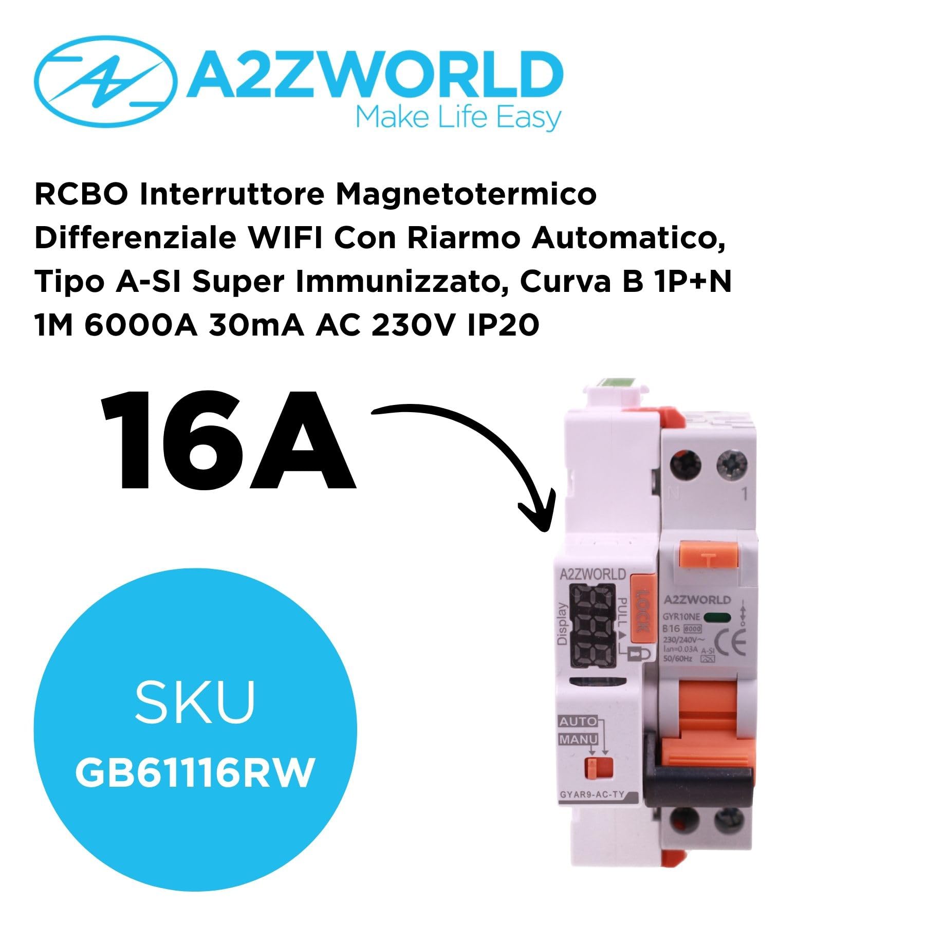 Magnetotermalny wyłącznik różnicowy WIFI z automatycznym resetowaniem, typ A-SI Curve B 20A, RCBO 1P+N 6kA 30mA 220V, APP Tuya Smart Life, tylko 2 moduły DIN