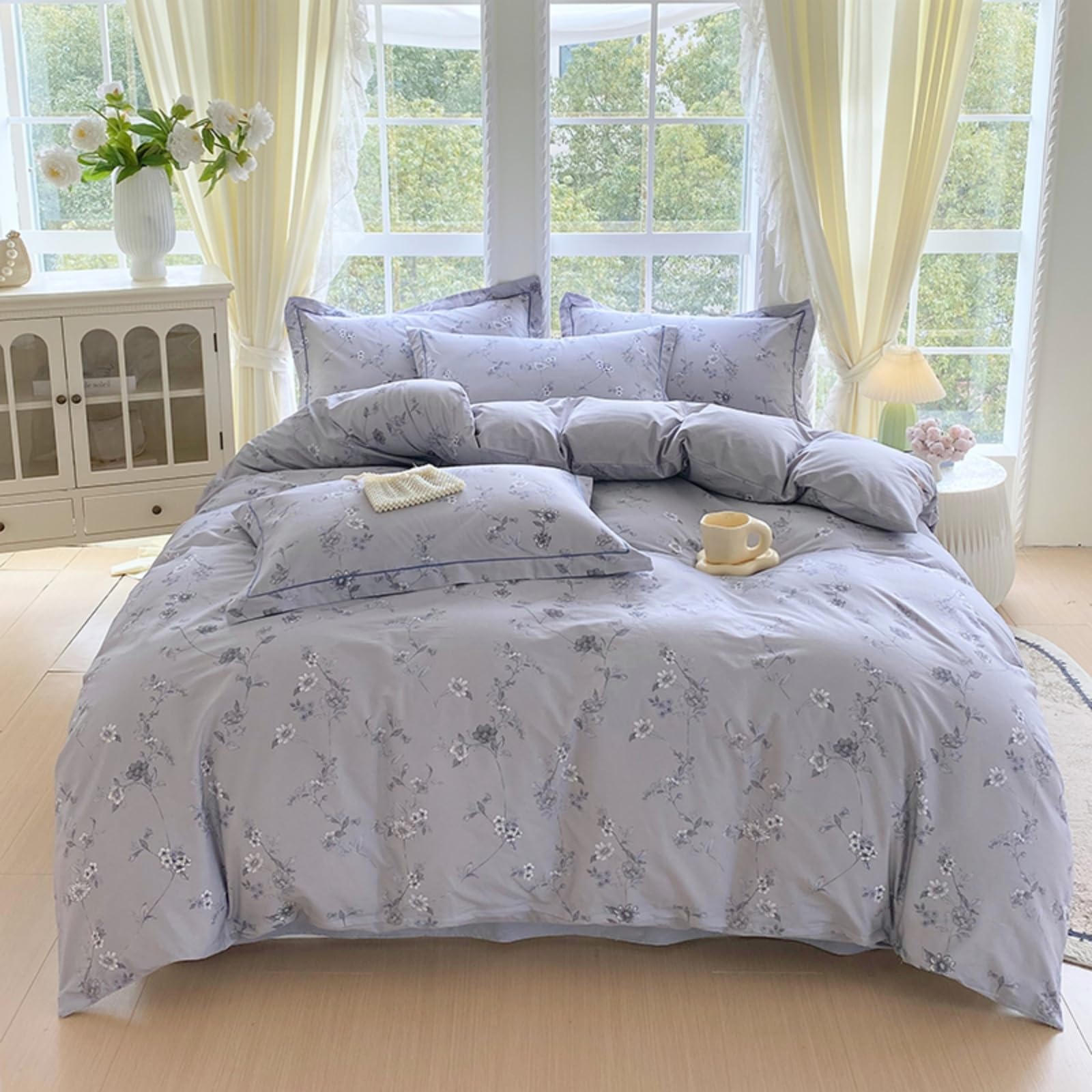 USTIDE King Size Floral Duvet Cover Set Soft Cotton Bedding Set Elegant Light Purple Floral Print Quilt Cover with Pillowcases Breathable Washable Bed Linen for Bedroom Decor — image 1