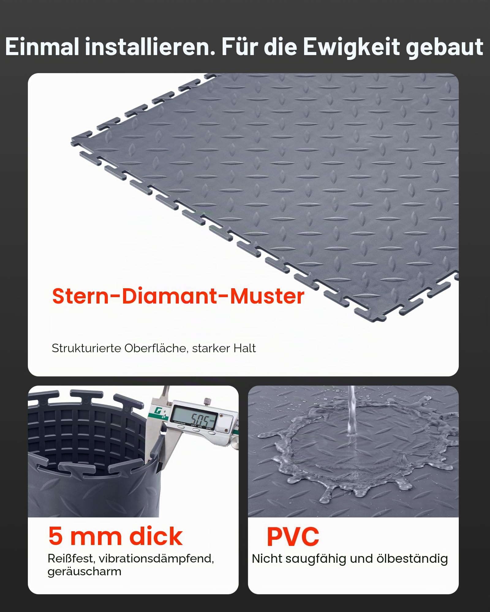 VEVOR PVC Garagenboden, 8er-Pack 513x513x5 mm, Werkstattboden, Industrieboden, Klick Verlegung, rutschfeste PVC-Matten mit Diamantplatte für Werkstatt, Lager, Werkzeugraum, Graphitgrau