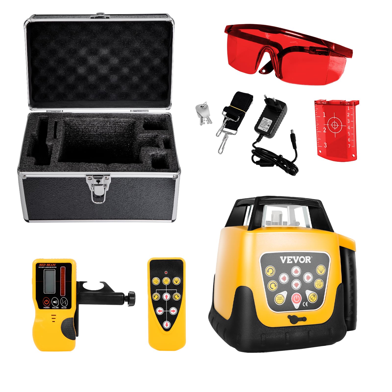VEVOR Kit Livella Laser Rotante Raggio Rosso Portata 300 m, Inclinazione Regolabile, Rotazione 360 Gradi, Kit Scatola da Trasporto, Impermeabile IP54, Ricevitore Telecomando