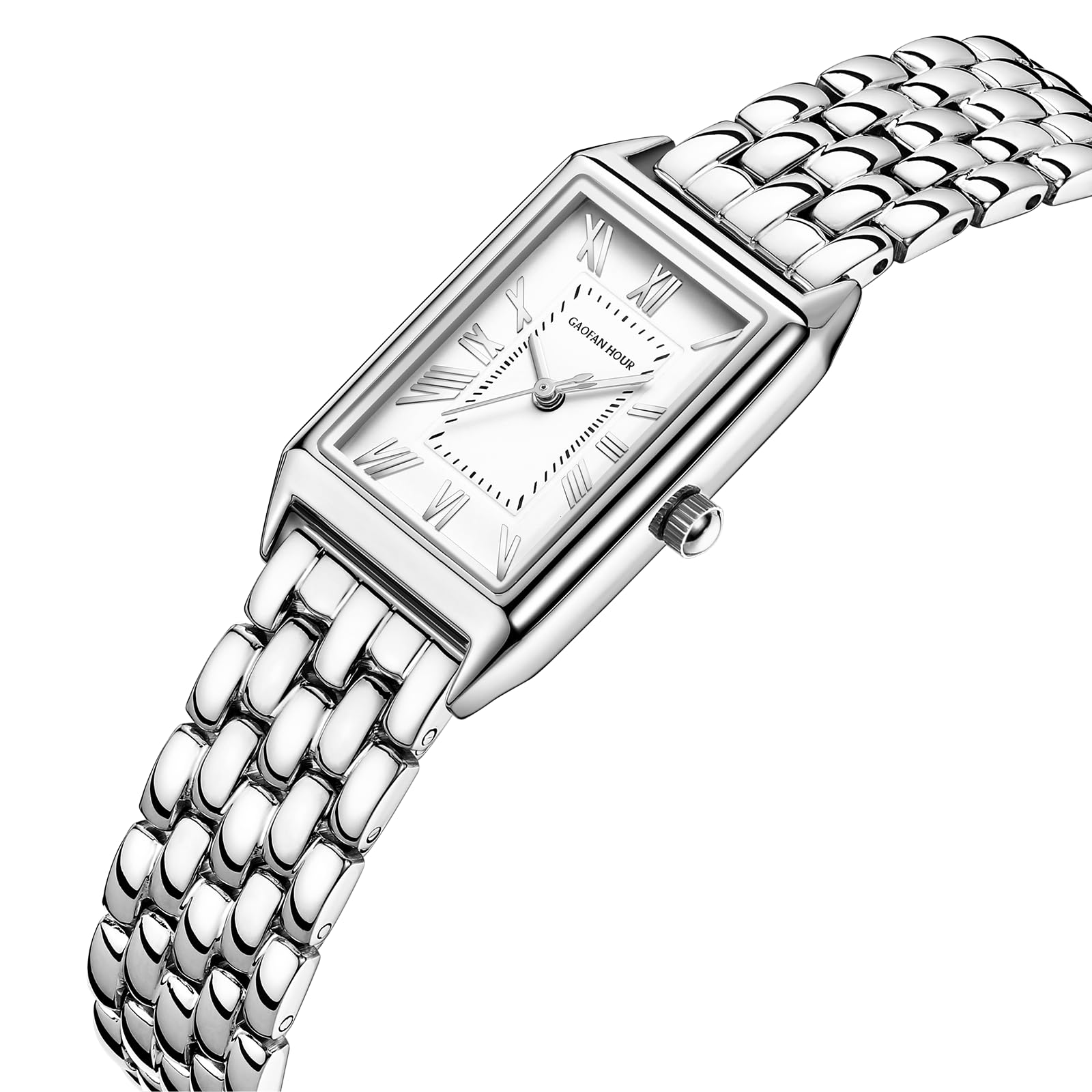 Orologio da donna dorato con cassa rettangolare vintage, quadrante romano bianco, cinturino in acciaio inossidabile, strumento di regolazione incluso, resistente all'acqua