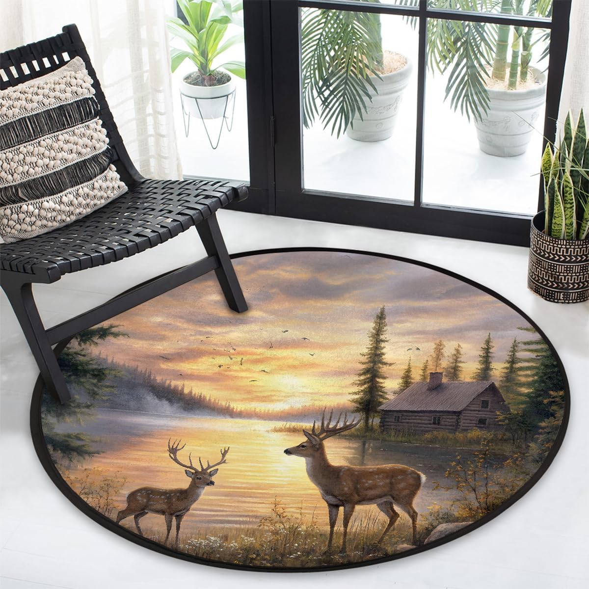 5 Ft Small Round Rug Deer Lake Landscape Soft Circle Area Rugs Non Slip Washable Circular Door Mat for Indoor Bedroom Living Room Nursery Kitchen Bathroom Entryway Home Carpet Decor