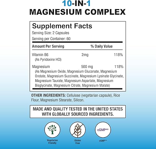 Miniatura 2 de Puregen Labs Complejo de magnesio 10 en 1 de 500 mg con cápsulas vegetales B6-120 [alta absorción y bioactividad] Sin OMG, sin gluten ni lácteos