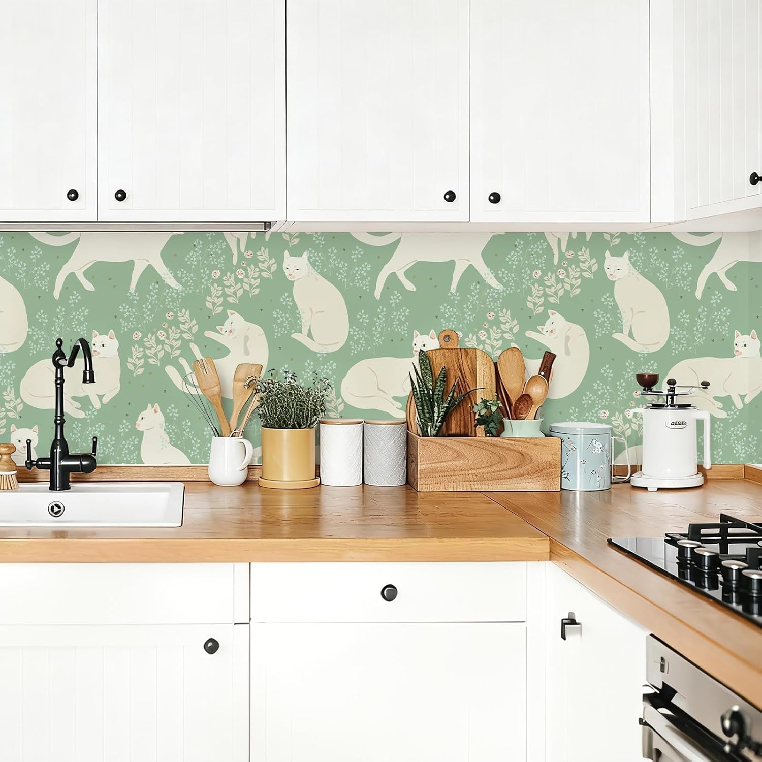Cute Cat Animal Floral Wallpaper Self Adhesive Peel and Stick Cartoon Green Watercolor Spring Leaf Contact Paper Removable Waterproof for Bedroom Renter Friendly 17.71"x236.2"