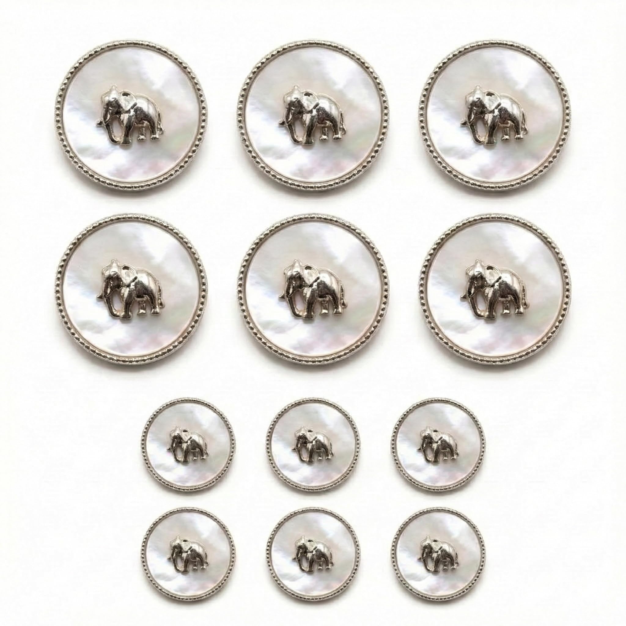 MAJESTICO Vintage Elephant Design Metal Buttons – Pearl Finish Round Silver Buttons for Blazer, Sherwani & Coat | 20mm & 17mm | Pack of 12 (Silver)