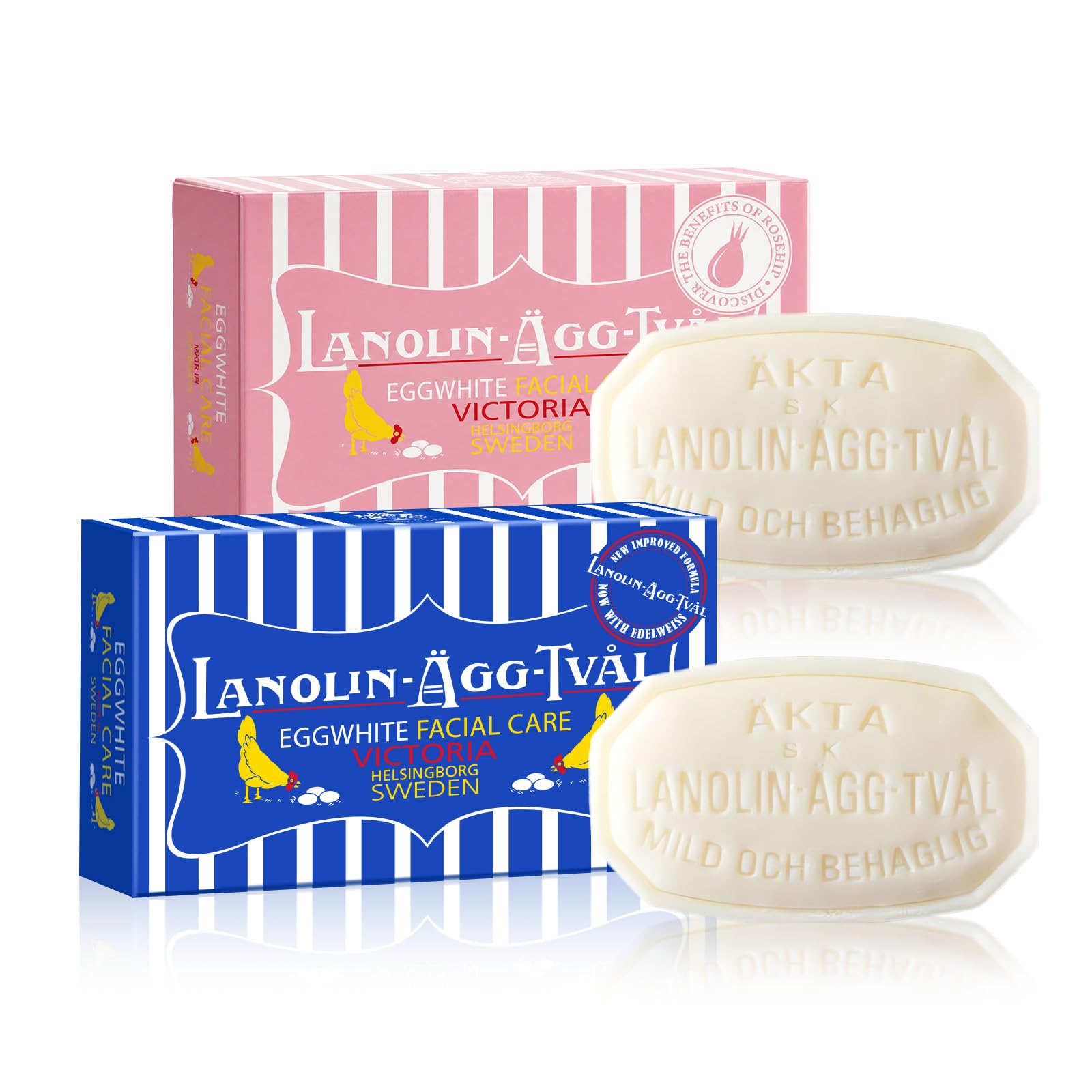 VICTORIA Swedish Egg White & Rose Facial Soap Bundle, 3-in-1 Solid Cleanser Gift Set, Gentle Face Wash Formula for Oily, Dry & Sensitive Skin, 50g x 2