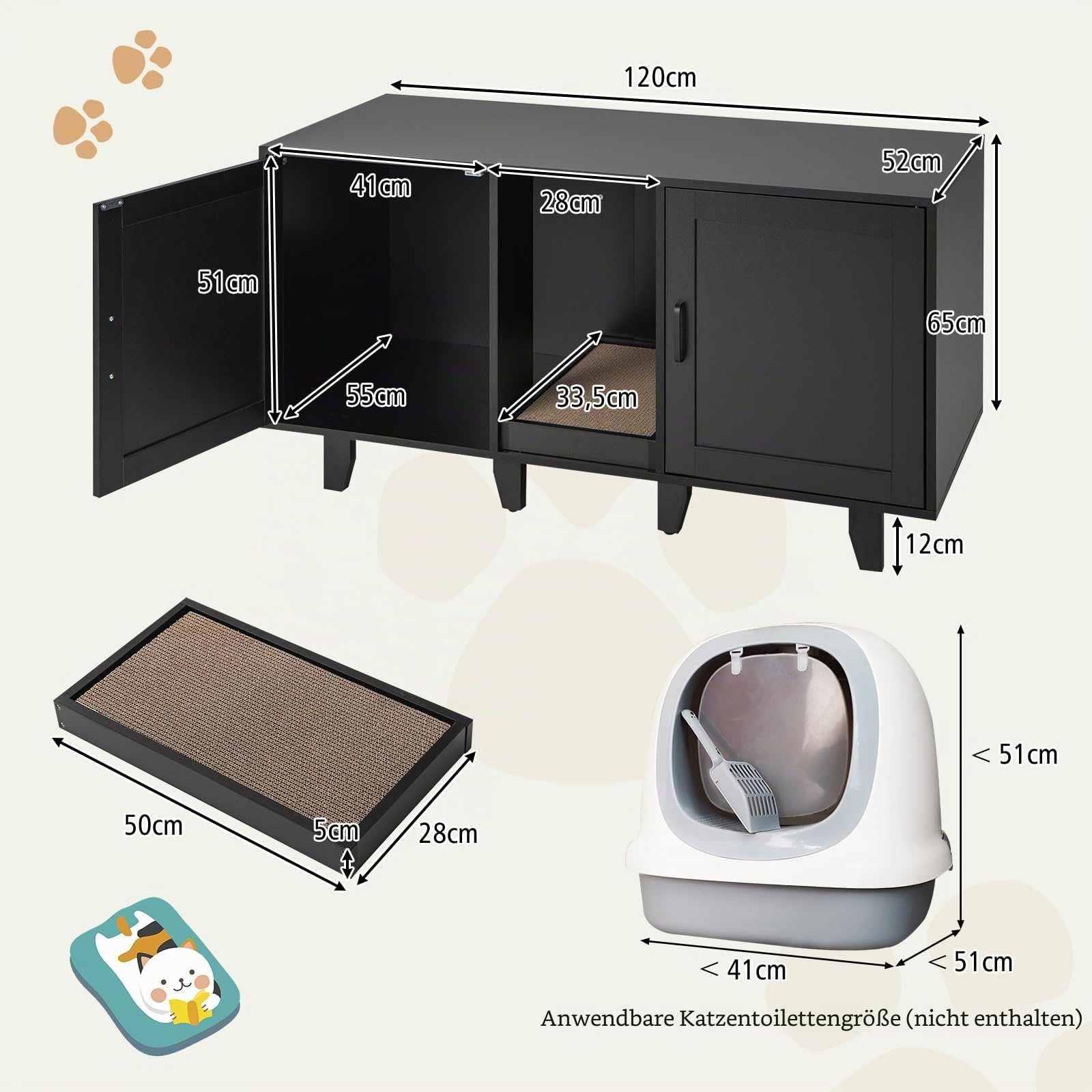 GYMAX Katzenklo Schrank für 2 Katzen, Katzenschrank für Katzentoilette mit 2 Türen, verdecktem Eingang & Kratzbrett, XXL Katzenhaus für große Katzen, Katzenklo Möbel, 120 x 52 x 65 cm (Schwarz)