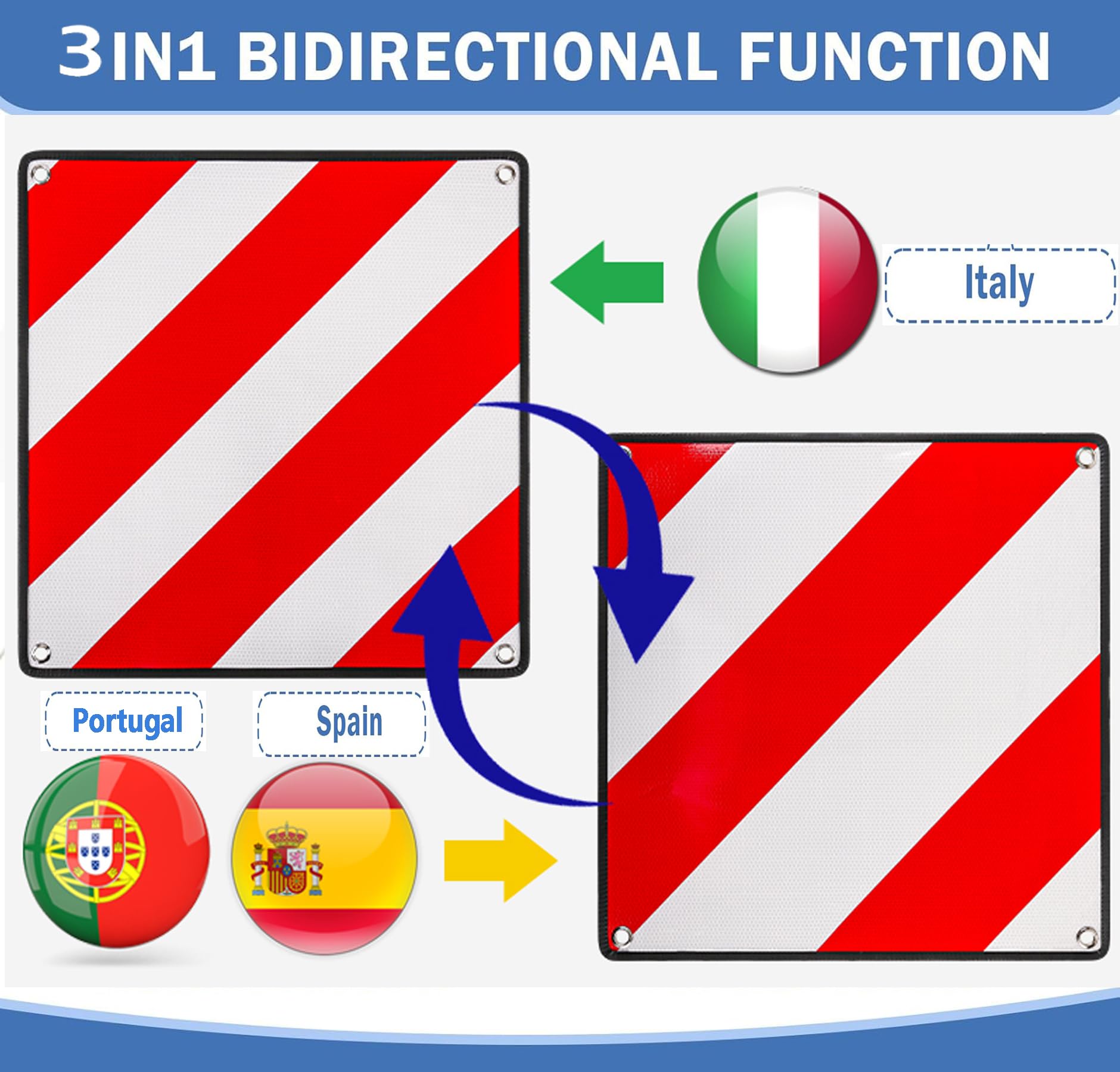 Warntafel Italien Spanien und Portugal Fahrradträger,3 In 1 Alu Reflektierend Warnschild(50 x 50 cm) mit 4X Spannseile,Zertifizierte für Fahrradträger Heckträger & Auto Wohnmobil
