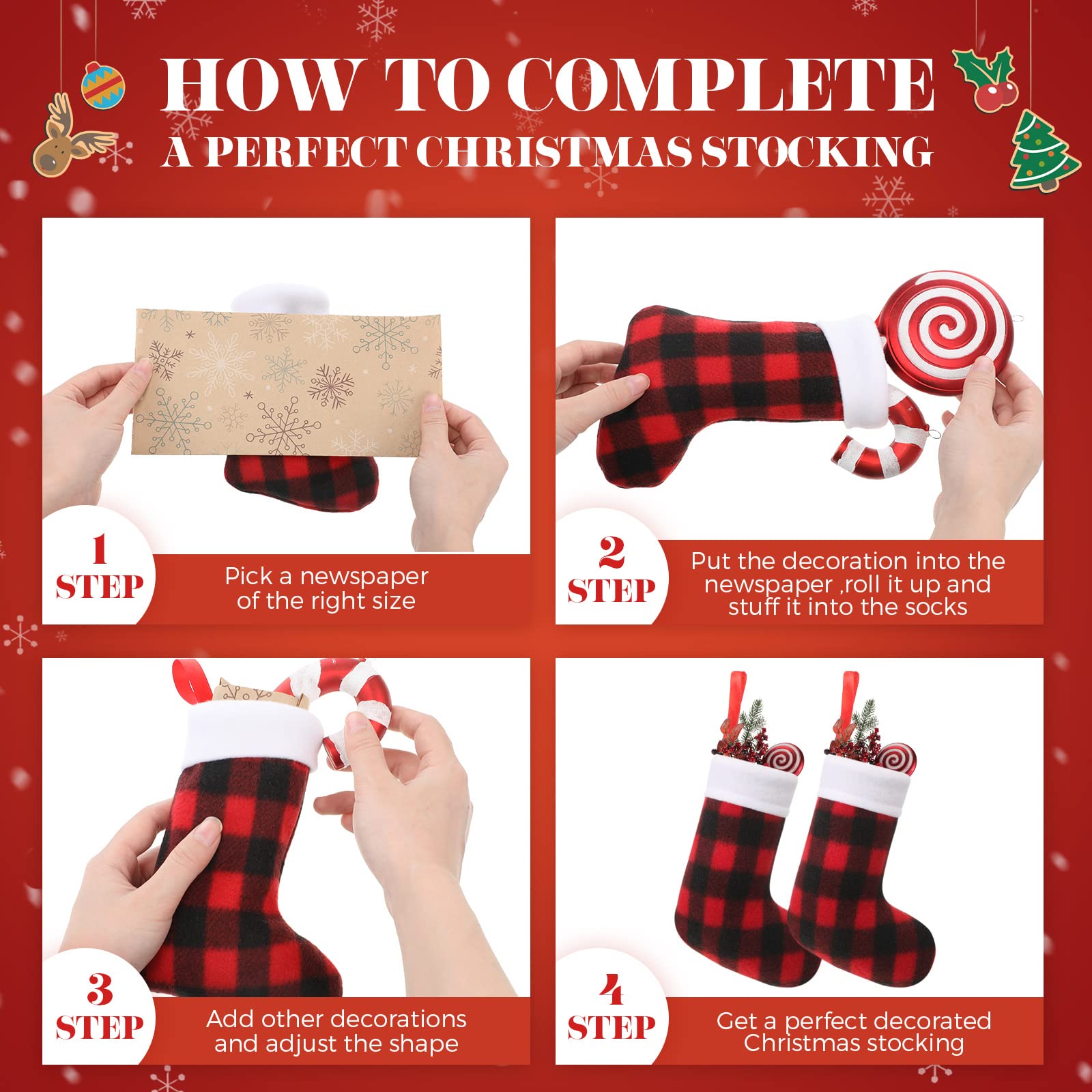 Lot de 80 chaussettes de Noël à suspendre - Motif écossais - 17,8 cm - Avec revers en peluche - Petites chaussettes de Noël à suspendre - Noir et rouge - Décorations pour festival de famille