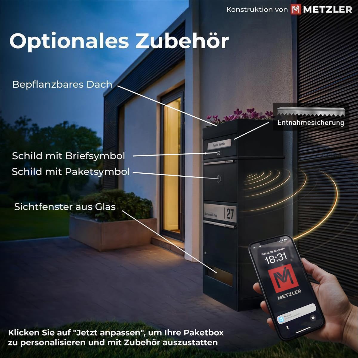 Metzler Paketbriefkasten mit Pflanzdach und Paketfach in Anthrazit RAL 7016, abschließbar und wetterfest, personalisierbares Edelstahlnamensschild, freistehend, robust, für große Pakete