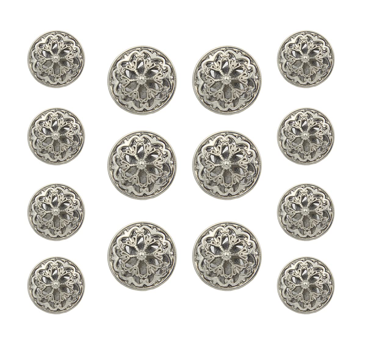 14Pcs Clothes Button - 8Pcs×20mm and 6Pcs×25mm Hollow Flower Metal Shank Round Shaped Metal Button Set Sewing Button (Silver)