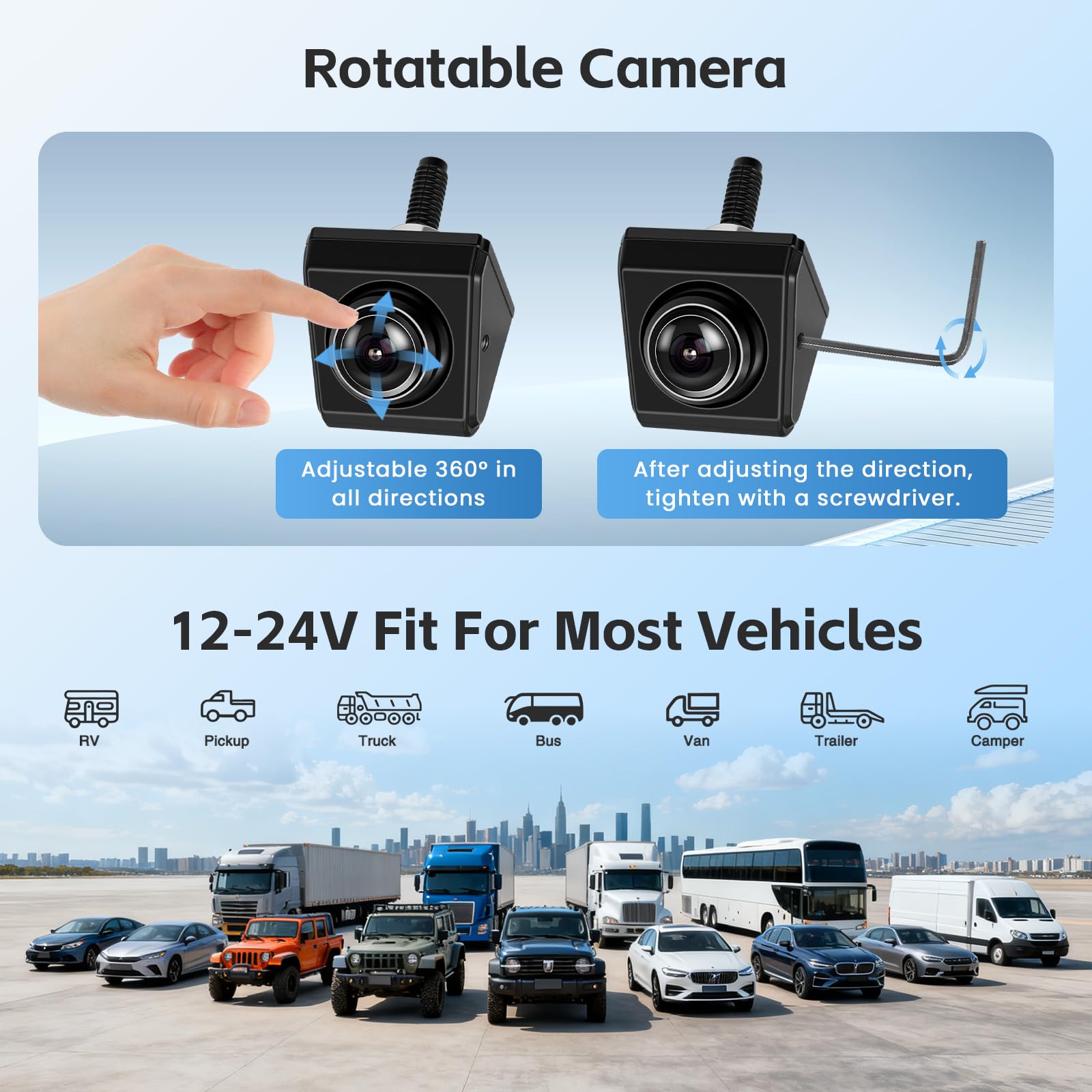 Hikity AHD 1080P Zestaw kamery cofania do samochodu o 360°, z ekranem 4,3 cala, IR noktowizor wodoodporny IP68, 1 kamera obrotowa, do samochodu, kempingu, ciężarówki, przyczepy kempingowej, 12-24 V