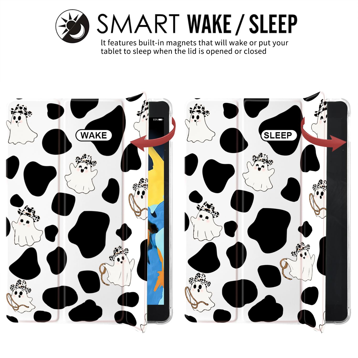 JOYLAND Funda para iPad de 10ª generación de 11.9 pulgadas 2022/iPad (A16) de 11ª generación de 11 pulgadas 2025 con soporte para lápices, funda protectora de tres pliegues con estampado de vaca y