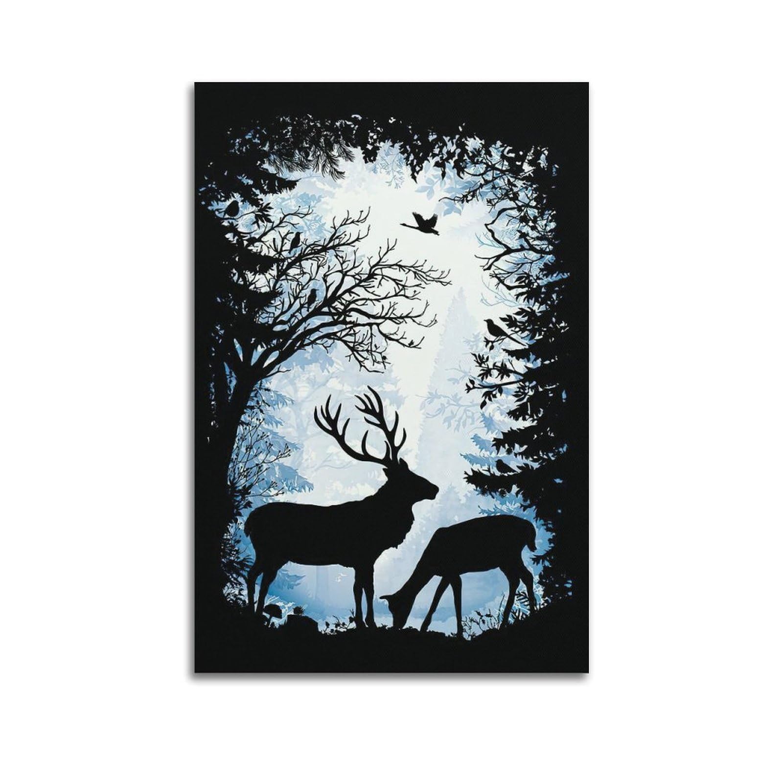 DLJGDS Silhouette of Deer And Birds in Forest, Vintage And Minimalist Art Decorative Painting Canvas Wall Posters And Modern Family Bedroom Decor 20x30inch(50x75cm)