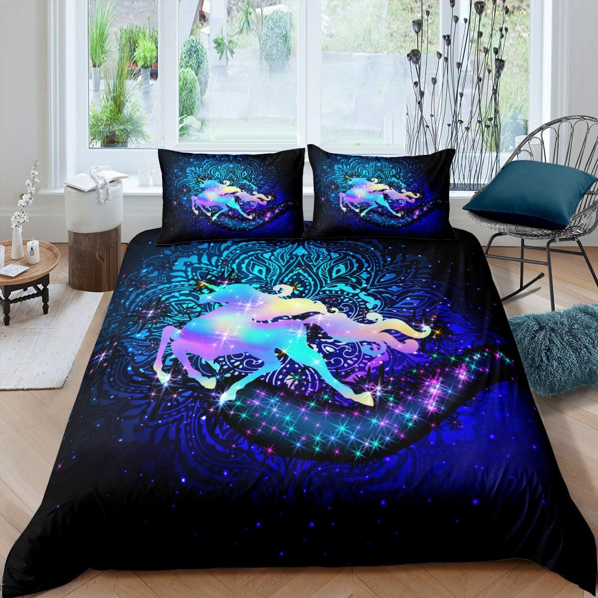 Loussiesd Girls Unicorn Duvet Cover Kids Magical Dreamy Horse Bedding Set Galaxy Glitter Boho Mandala Bedding & Linen for Teens Girly Bohemian Luxury Bedspread Cover Super King — image 1