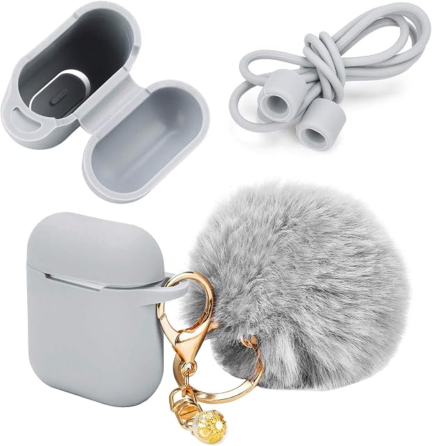 Earphone Silicone Case Cover Skin with Fur Ball Key Chain and Locking Carabiner Compatible for AirPods Charing Case - Silicone Hang Case Cover with Anti-lost Strap as Headphone Accessories (Gray)