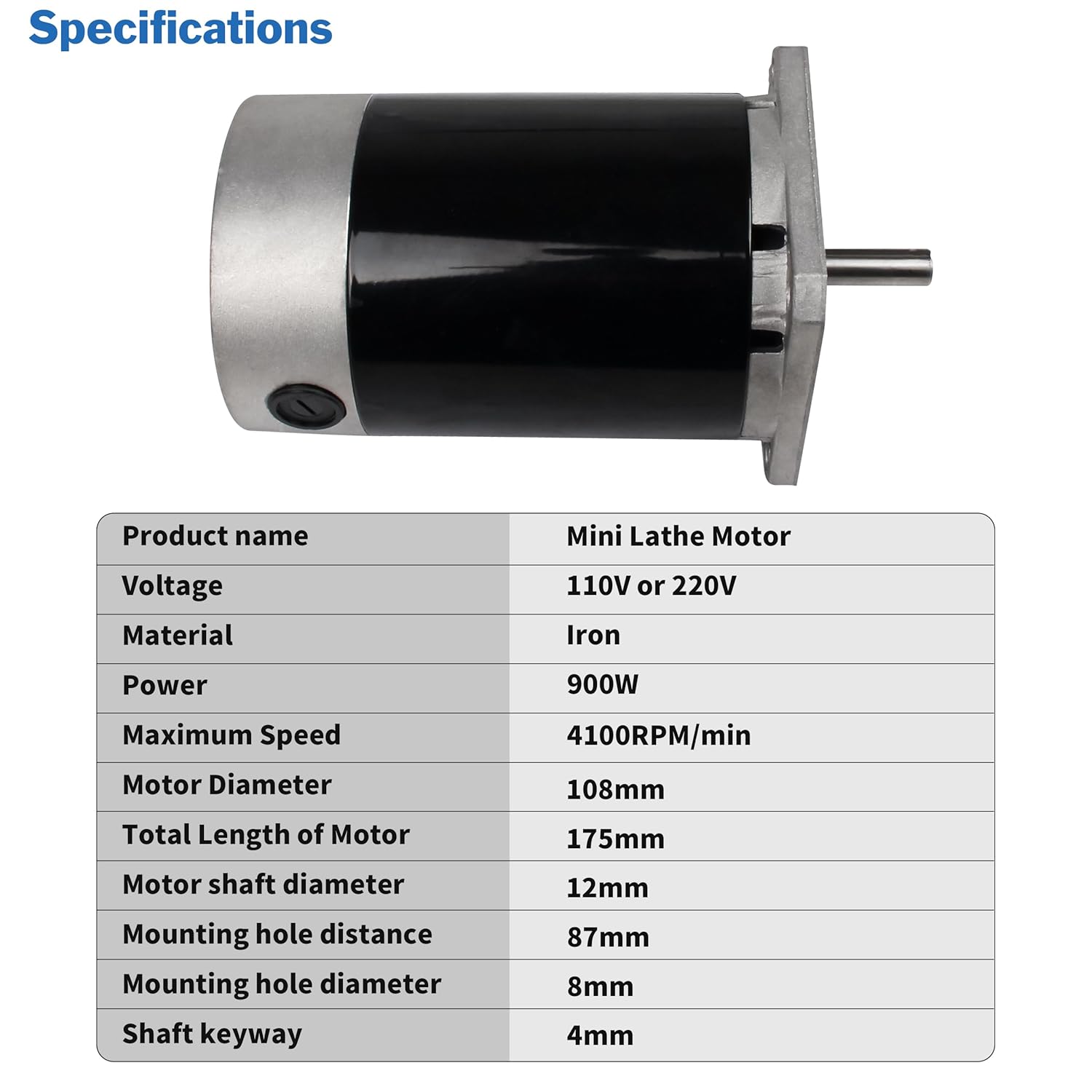 RATTMMOTOR Brushed Lathe Motor 900W 110V 4100RPM, 14mm Shaft Brushed DC Spindle Motor for Metal Lathe Machine Replacement Part Accessories (110V)