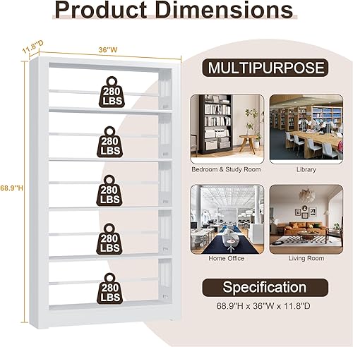 Miniatura 3 de Estantería de 69 pulgadas, estantería de 5 niveles con estantes de almacenamiento ajustables, unidad de pie, estantería alta para oficina en casa,